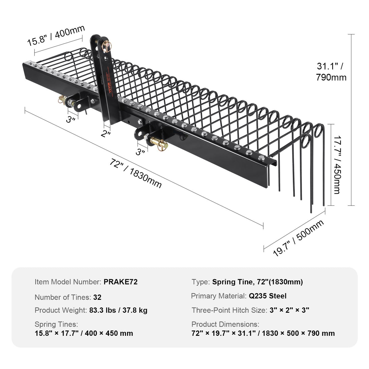 Tow Behind Landscape Rake, 1.8m Tow Dethatcher with 32 Steel Tines, Lawn Dethatcher Rake Attaches to Category V952-ZXSCJDHC72BDGLRVMV0