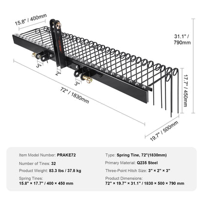 Tow Behind Landscape Rake, 1.8m Tow Dethatcher with 32 Steel Tines, Lawn Dethatcher Rake Attaches to Category V952-ZXSCJDHC72BDGLRVMV0