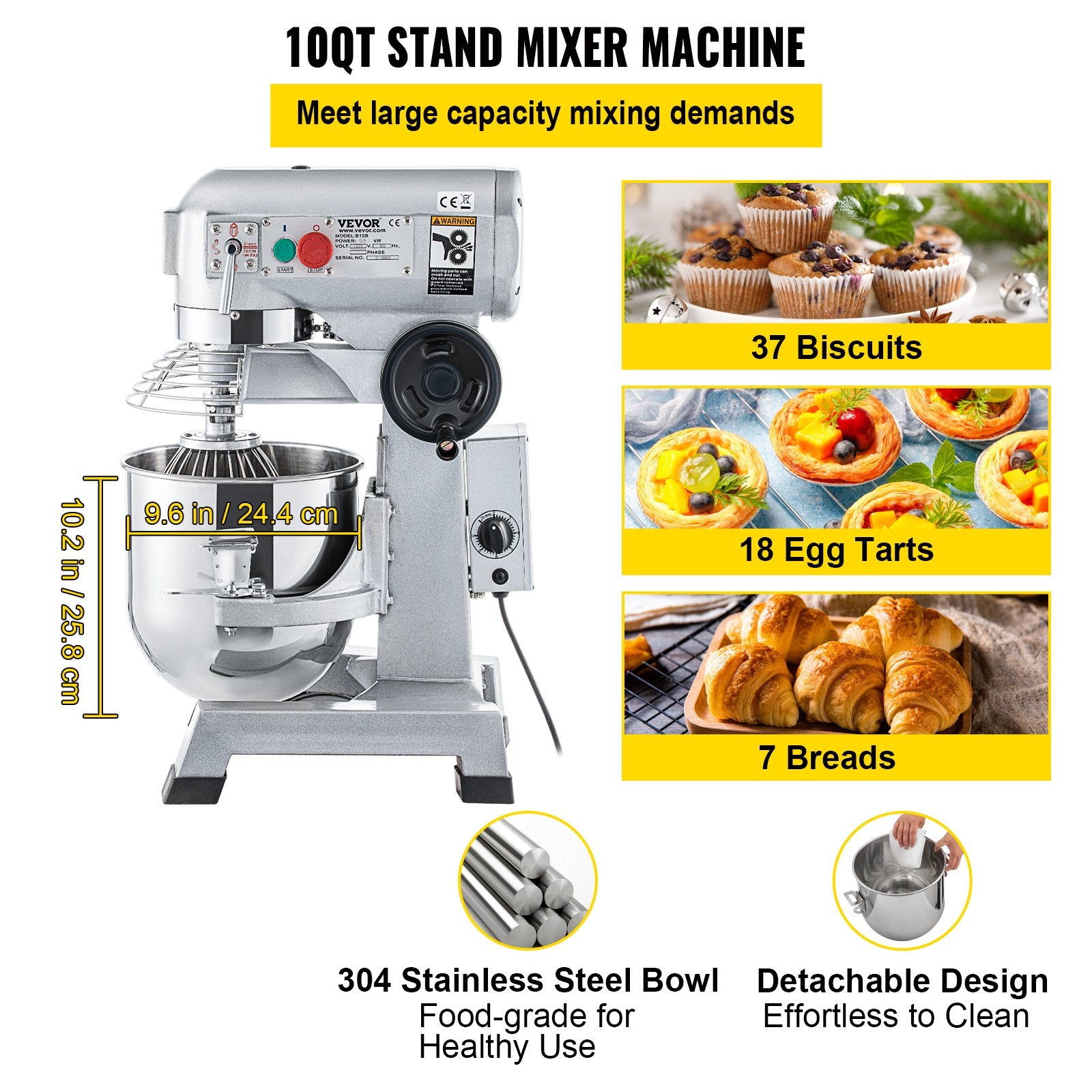 Professional Kitchen Mixer, 10Qt Capacity with Timer, 450W Stainless Steel Bowl Durable Electric Mixer for V952-ZXSPJBJ10QT5ZC2CUV3