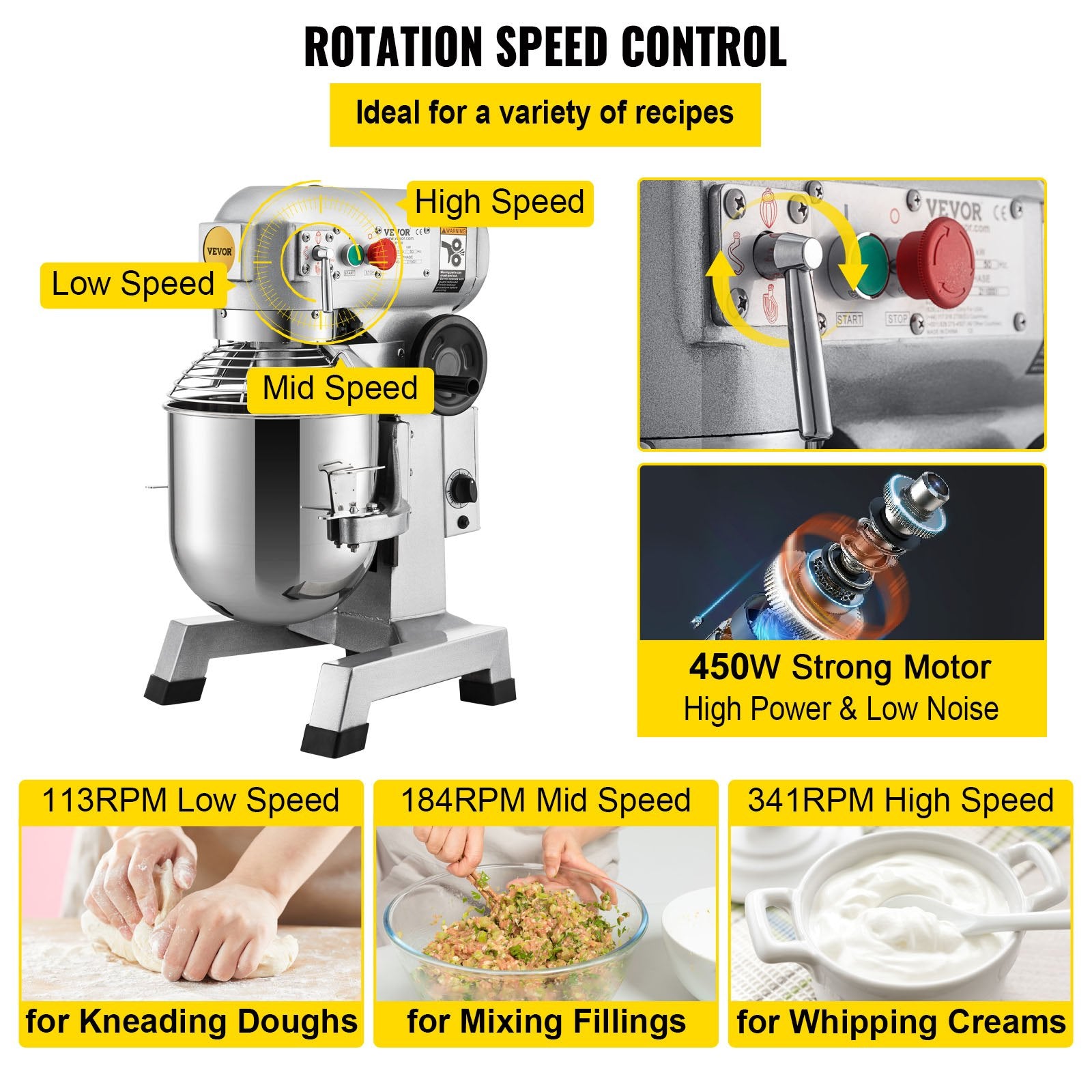 Professional Kitchen Mixer, 10Qt Capacity with Timer, 450W Stainless Steel Bowl Durable Electric Mixer for V952-ZXSPJBJ10QT5ZC2CUV3