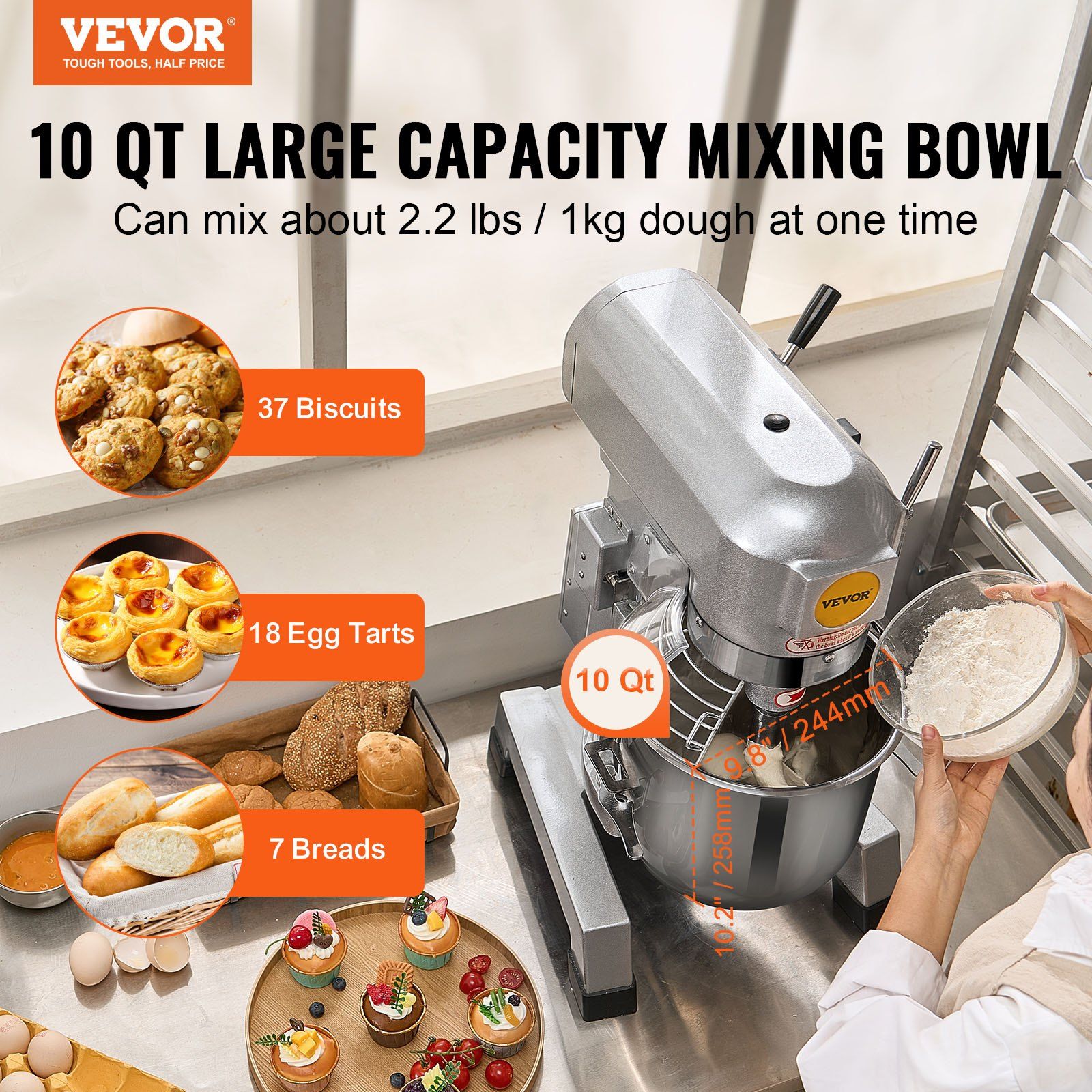 Commercial Food Mixer, 10L Commercial Stand Mixer with 3 Adjustable Speeds, 550W Dough Mixer with Stainless V952-ZXSPJBJ10QT66CB89V3