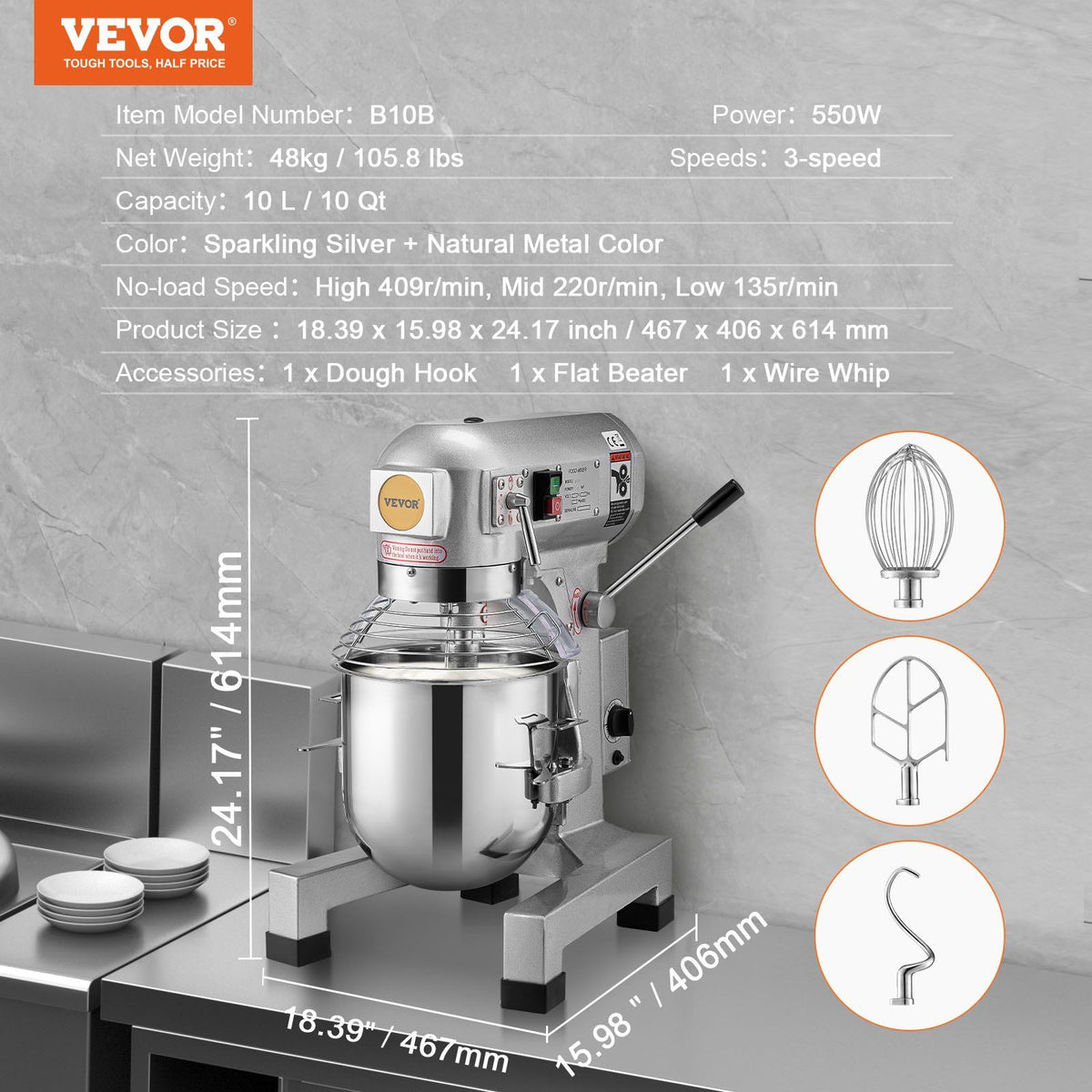 Commercial Food Mixer, 10L Commercial Stand Mixer with 3 Adjustable Speeds, 550W Dough Mixer with Stainless V952-ZXSPJBJ10QT66CB89V3
