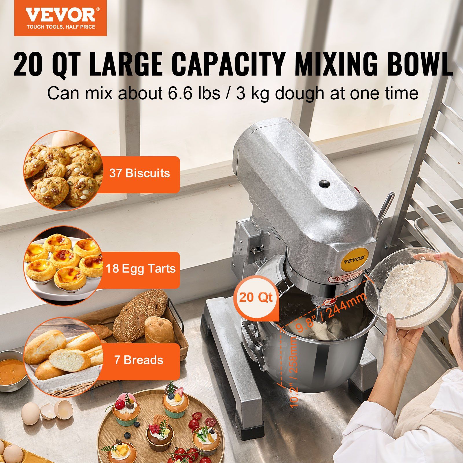 Commercial Food Mixer, 18.7L Commercial Stand Mixer with 3 Adjustable Speeds, 1100W Dough Mixer with V952-ZXSPJBJ20QT1FBO63V3