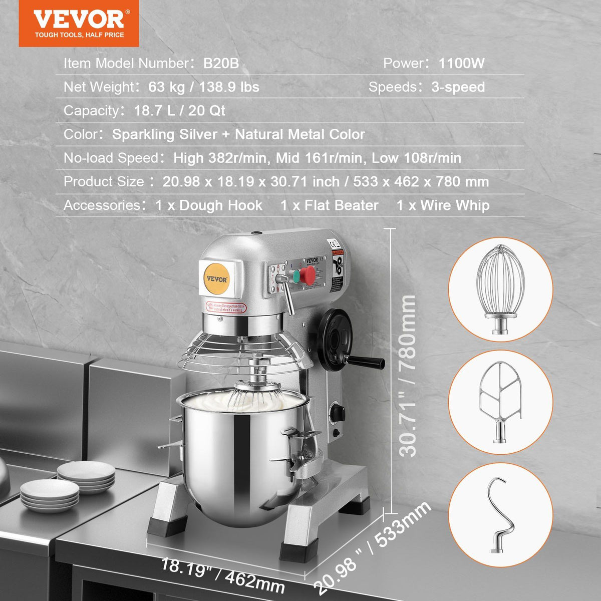 Commercial Food Mixer, 18.7L Commercial Stand Mixer with 3 Adjustable Speeds, 1100W Dough Mixer with V952-ZXSPJBJ20QT1FBO63V3
