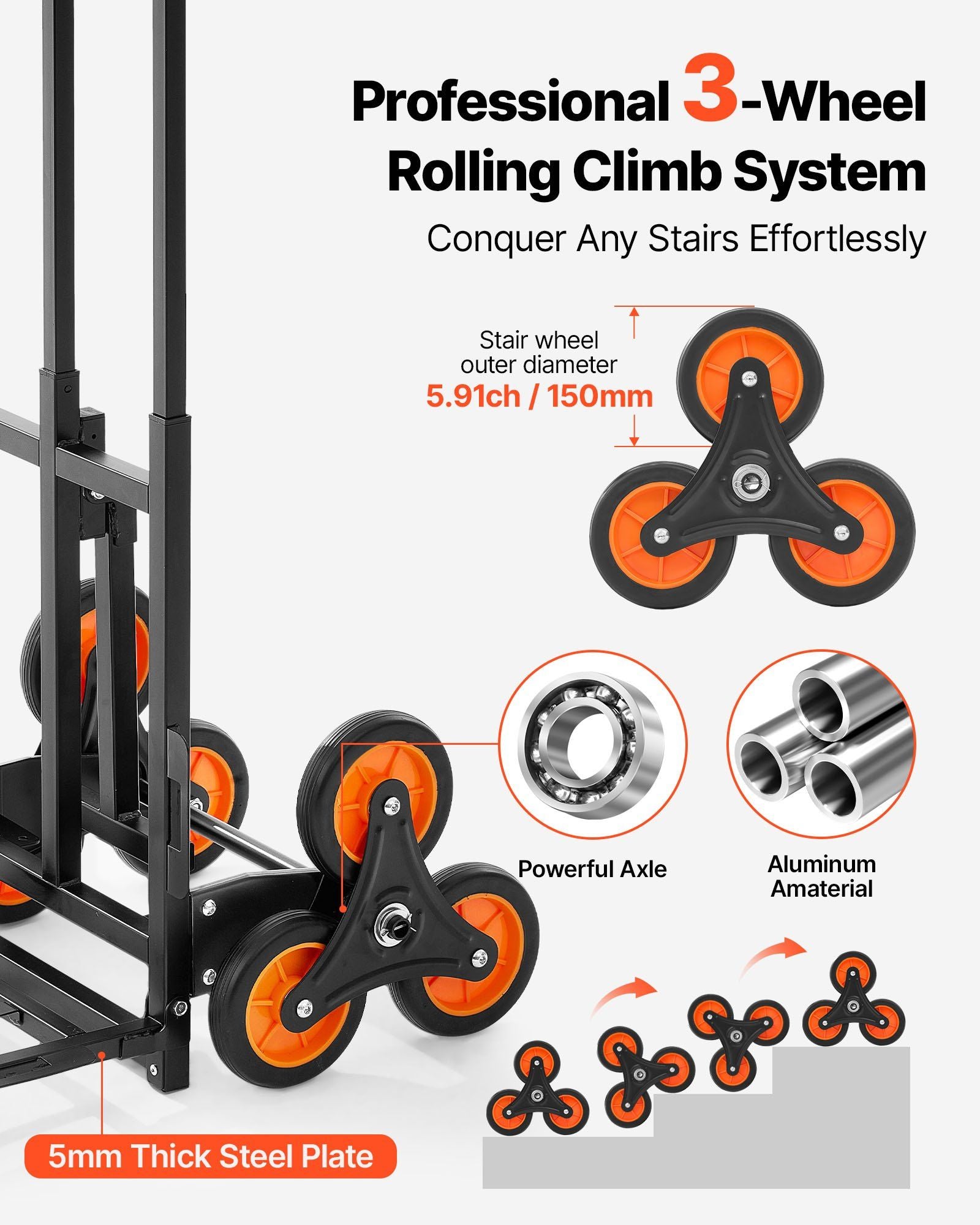 Stair Climbing Cart, 100 kg Stair-Climbing Capacity, Heavy-Duty Folding Trolley Cart with Telescoping Handle, V952-ZXTCSPLCLSKH7RCTY001V0