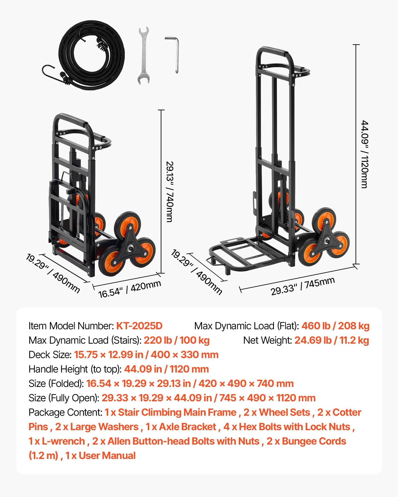 Stair Climbing Cart, 100 kg Stair-Climbing Capacity, Heavy-Duty Folding Trolley Cart with Telescoping Handle, V952-ZXTCSPLCLSKH7RCTY001V0