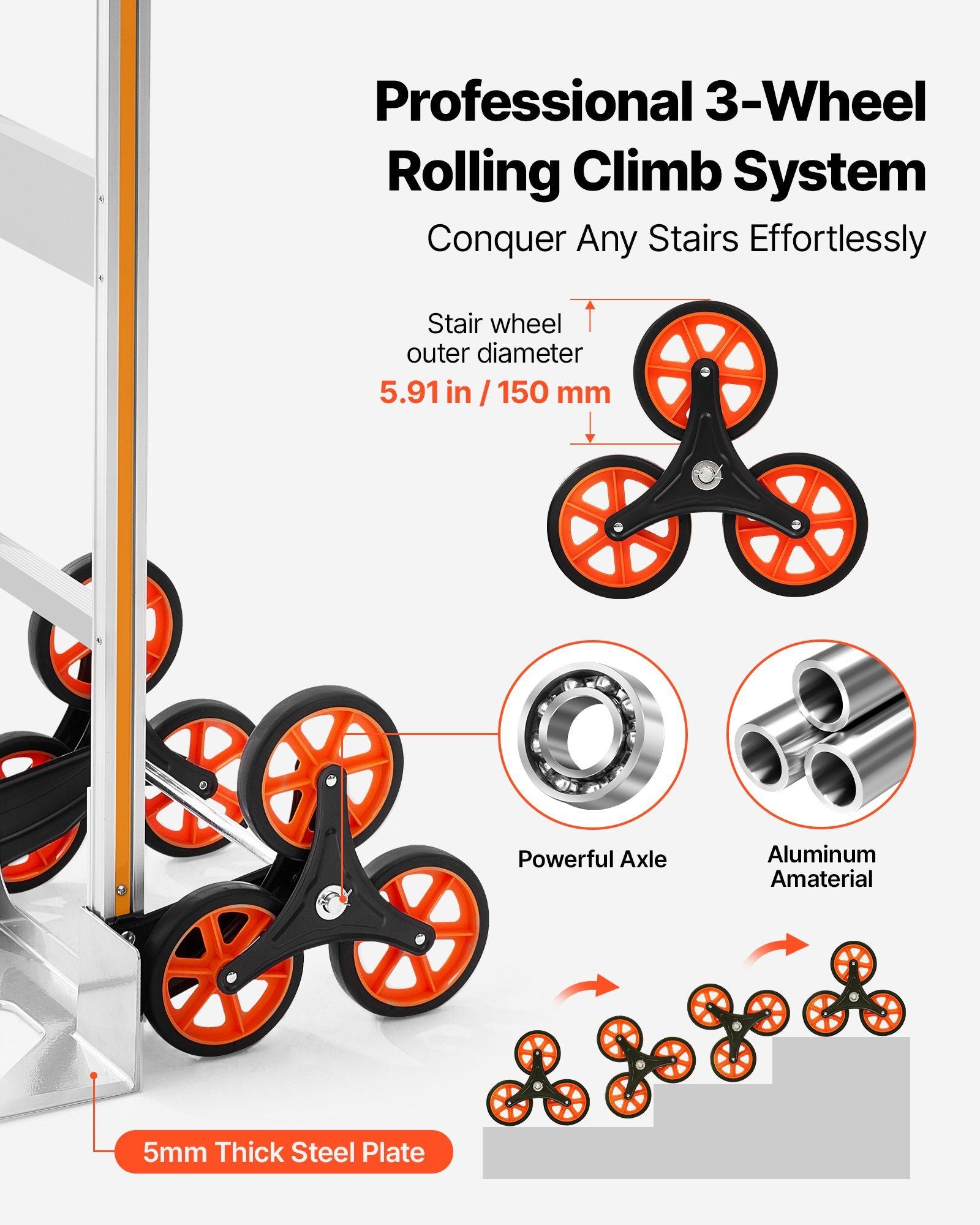Stair Climbing Cart, 150 kg Stair-Climb Capacity, Aluminum Alloy Folding Trolley Cart with Telescoping V952-ZXTCSPLCLSKL6O9DC001V0