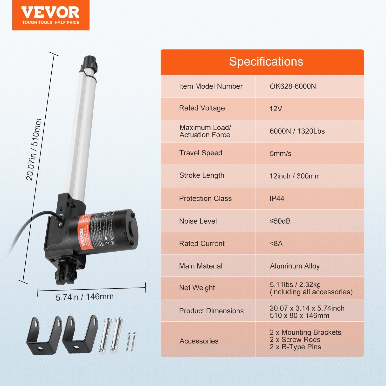 Linear Actuator 12V, 12 Inch Heavy Duty 1320lbs/6000N Linear Actuator, 0.19"/s Linear Motion Actuator with V952-ZXXXZXQ12INCGZ2OQV9