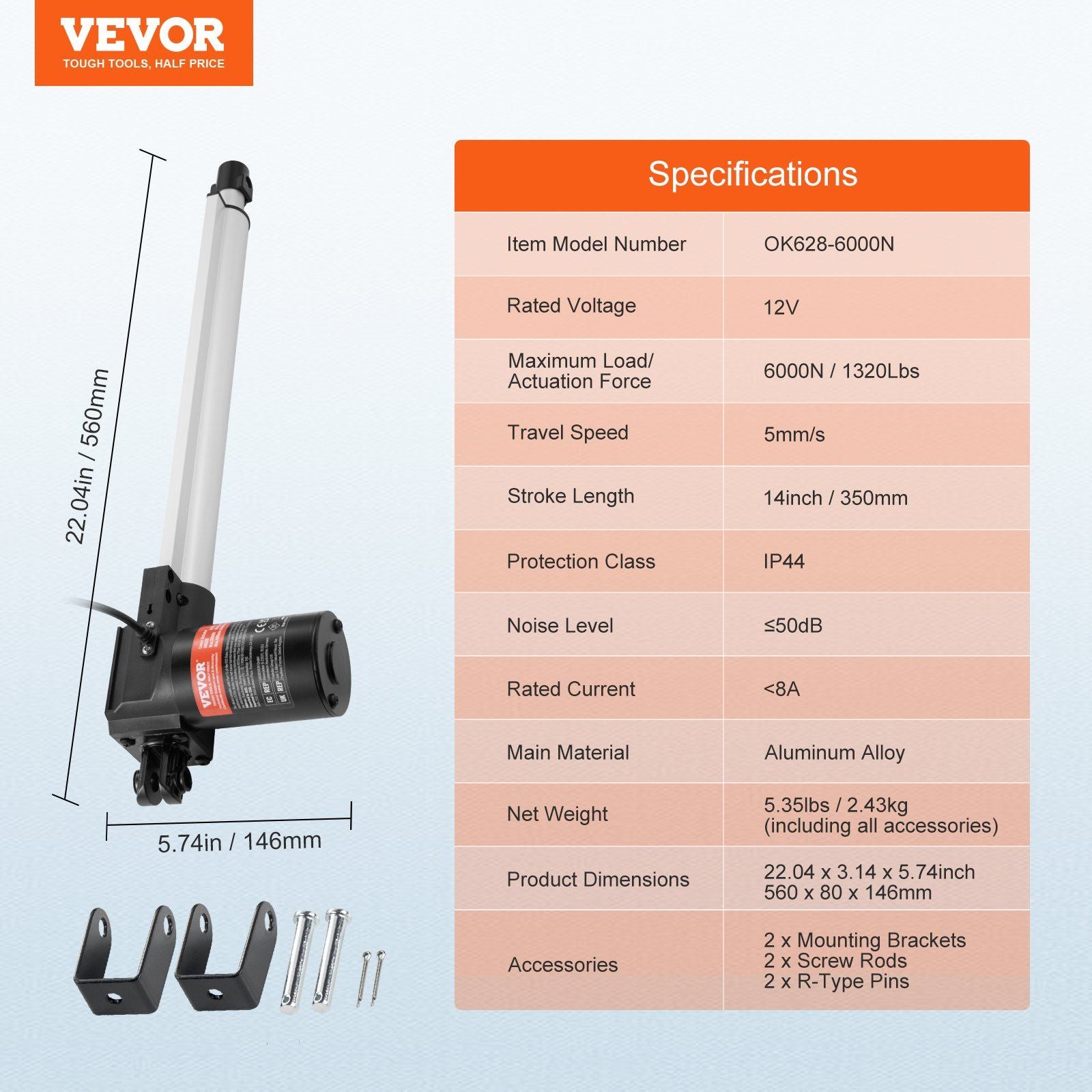 Linear Actuator 12V, 14 Inch Heavy Duty 1320lbs/6000N Linear Actuator, 0.19"/s Linear Motion Actuator with V952-ZXXXZXQ14INCIFV1QV9