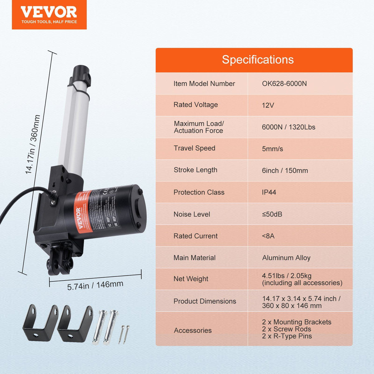 Linear Actuator 12V, 6 Inch Heavy Duty 1320lbs/6000N Linear Actuator, 0.19"/s Linear Motion Actuator with V952-ZXXXZXQ6INCH0FY9LV9