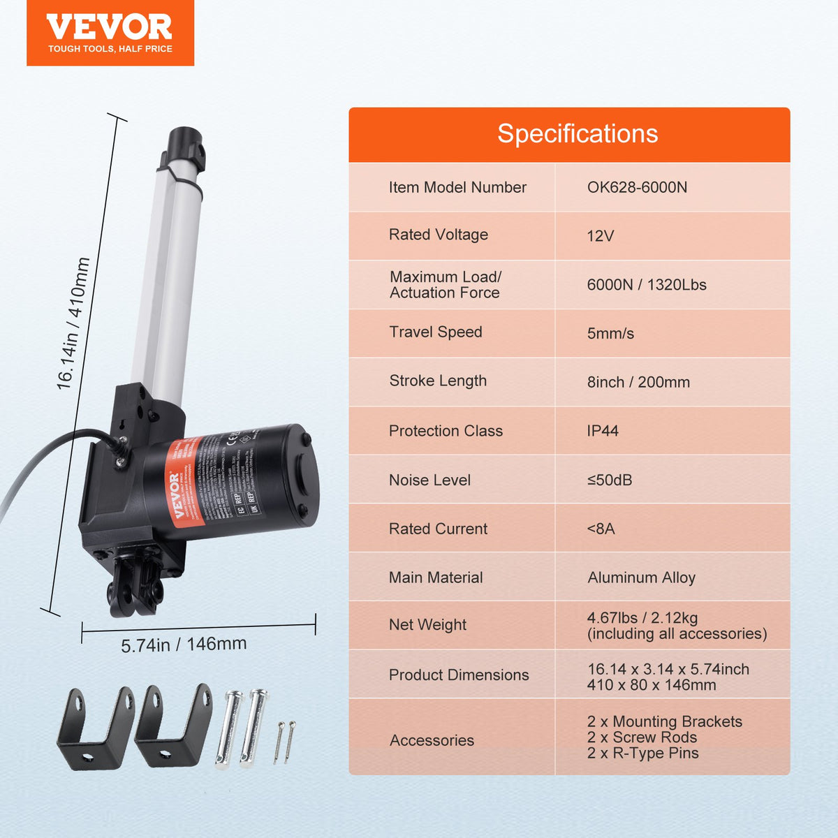 Linear Actuator 12V, 8 Inch Heavy Duty 1320lbs/6000N Linear Actuator, 0.19"/s Linear Motion Actuator with V952-ZXXXZXQ8INCHTAMZ2V9
