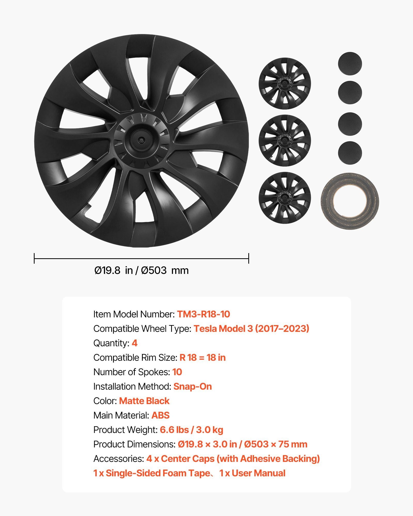 Hubcaps Wheel Covers for 2017-2023 Tesla Model 3, 18 Inch Set of 4 Wheel Rim Cover Hubcaps OEM Style V952-ZYLGGYGH4JTT0GYKX001V0