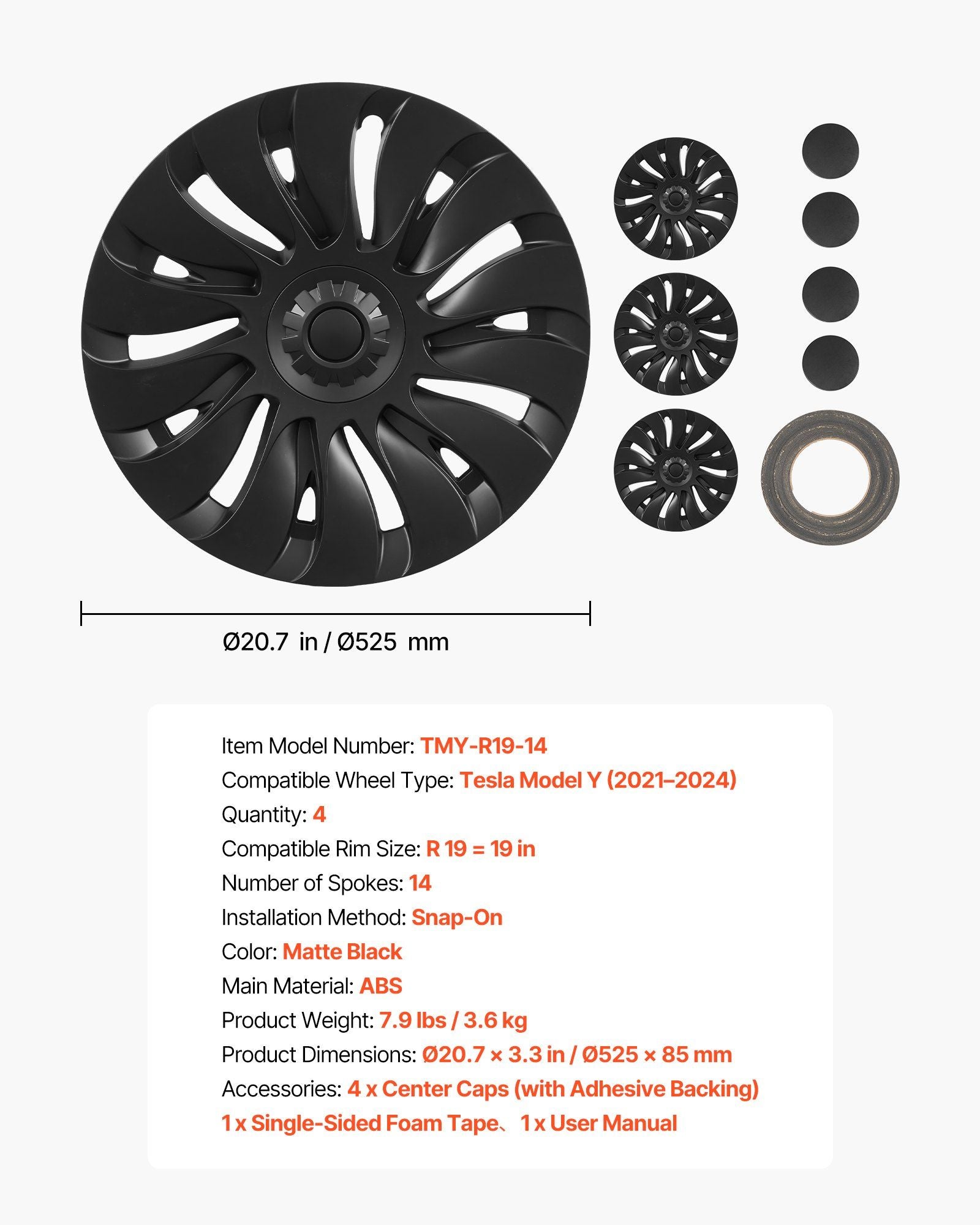 Hubcaps Wheel Covers for 2021-2024 Tesla Model Y, 19 Inch Set of 4 Wheel Rim Cover Hubcaps OEM Style V952-ZYLGGYGH4JTTN7Z35001V0