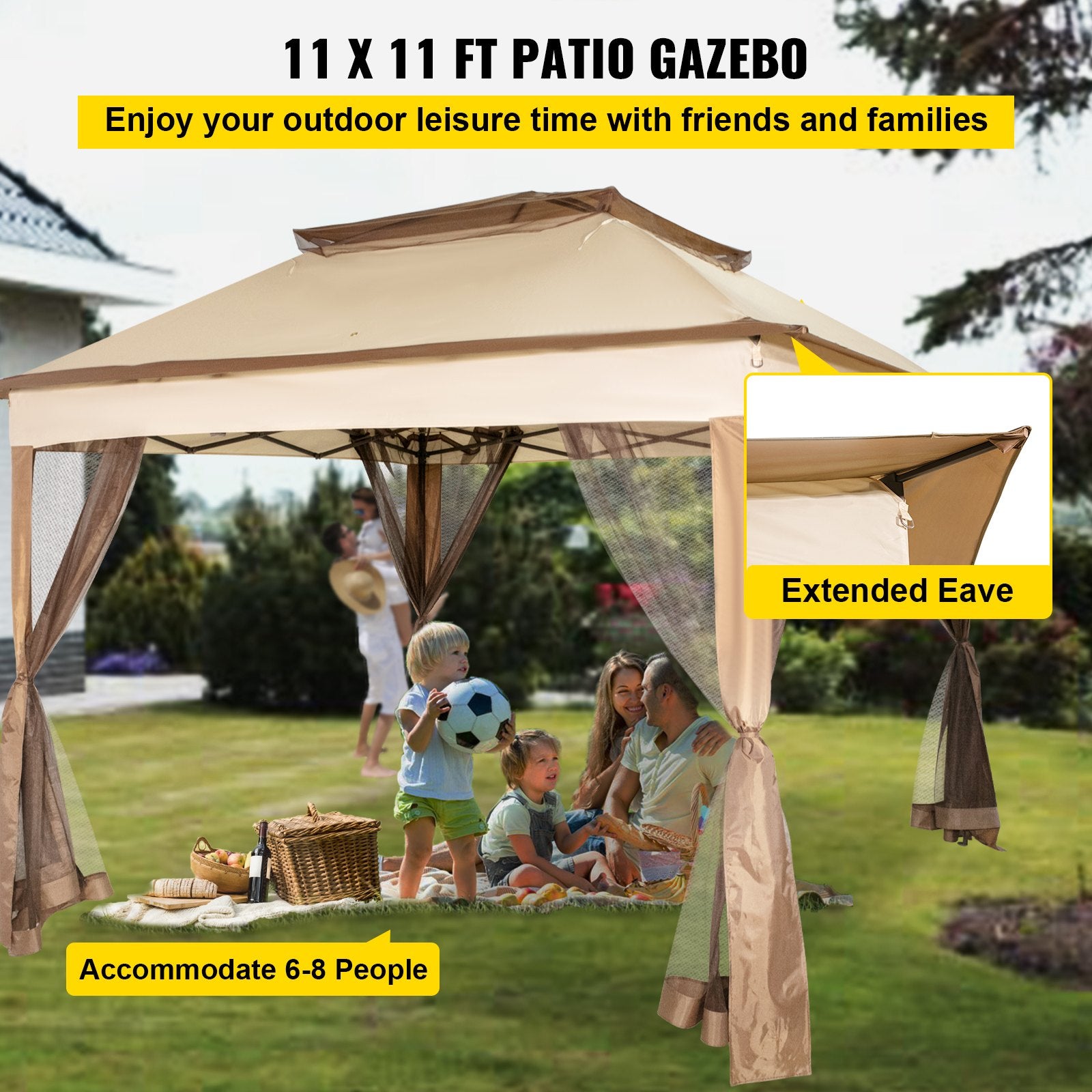 Outdoor Canopy Gazebo Tent, Portable Canopy Shelter with 11\'x11\' Large Shade Space for Party, Backyard, V952-ZYP3.3MX3.3MSDZD1V0