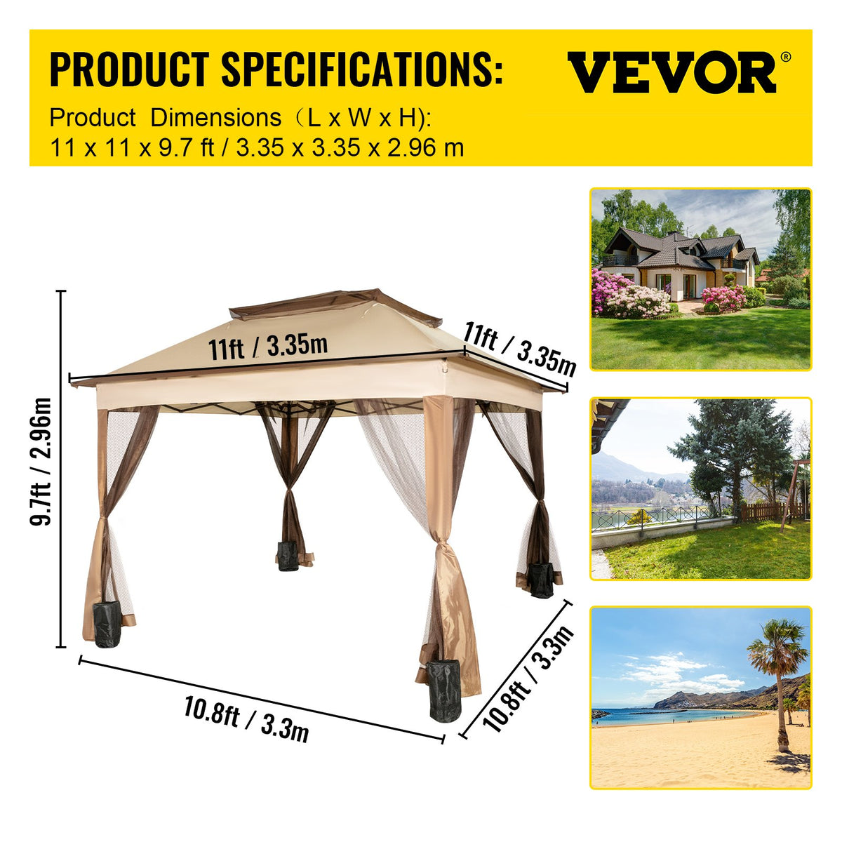 Outdoor Canopy Gazebo Tent, Portable Canopy Shelter with 11\'x11\' Large Shade Space for Party, Backyard, V952-ZYP3.3MX3.3MSDZD1V0