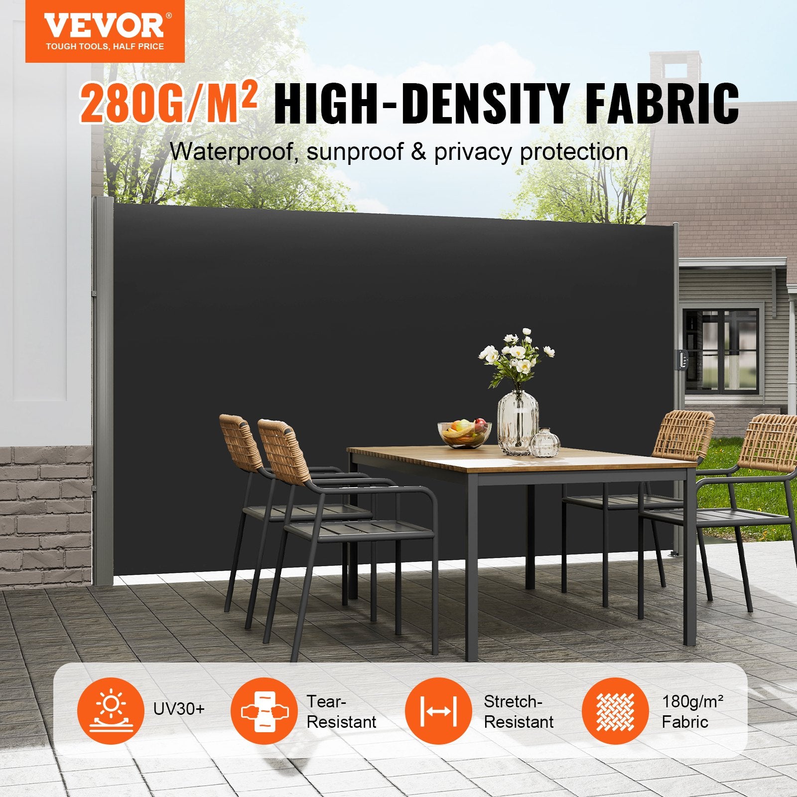 Retractable Side Awning, 160X300cm Aluminum Outdoor Privacy Screen, 280g Polyester Water-proof Retractable V952-ZYPF160X300CMBK01V0