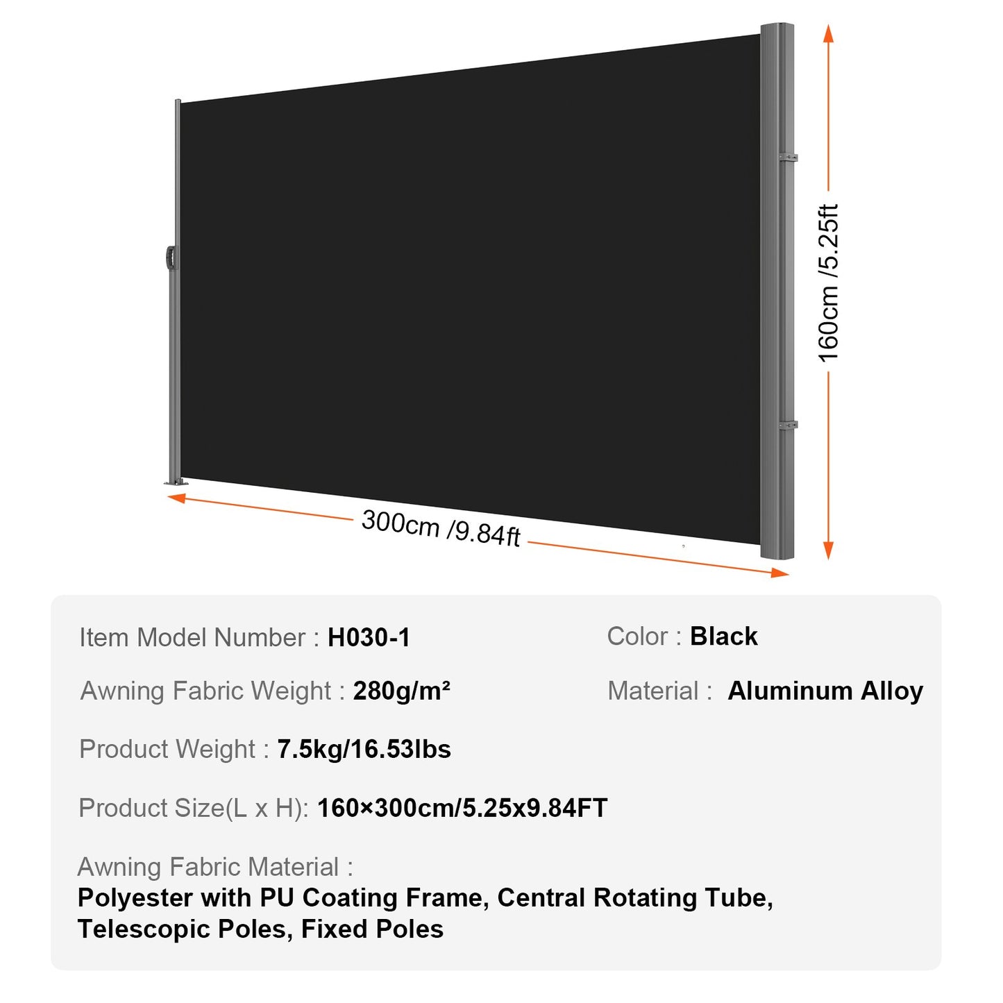 Retractable Side Awning, 160X300cm Aluminum Outdoor Privacy Screen, 280g Polyester Water-proof Retractable V952-ZYPF160X300CMBK01V0