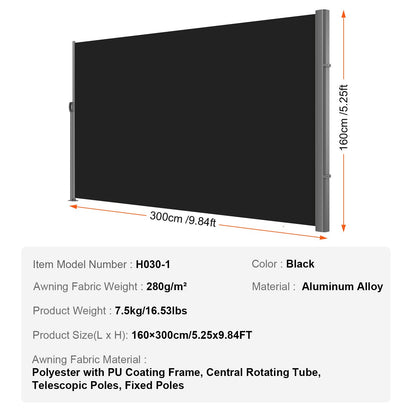 Retractable Side Awning, 160X300cm Aluminum Outdoor Privacy Screen, 280g Polyester Water-proof Retractable V952-ZYPF160X300CMBK01V0