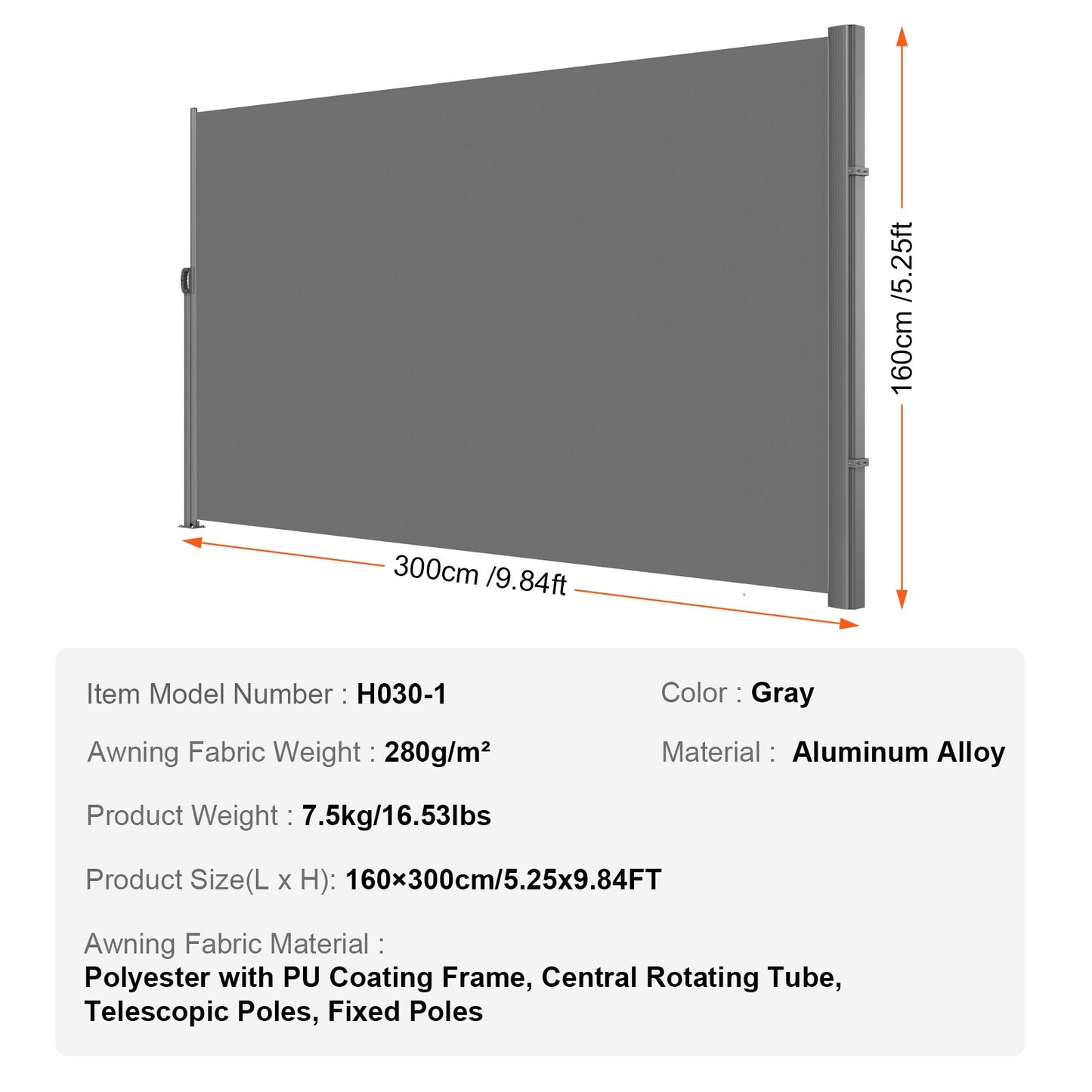 Retractable Side Awning, 160X300m Aluminum Outdoor Privacy Screen, 280g Polyester Water-proof Retractable V952-ZYPF160X300CMGY01V0