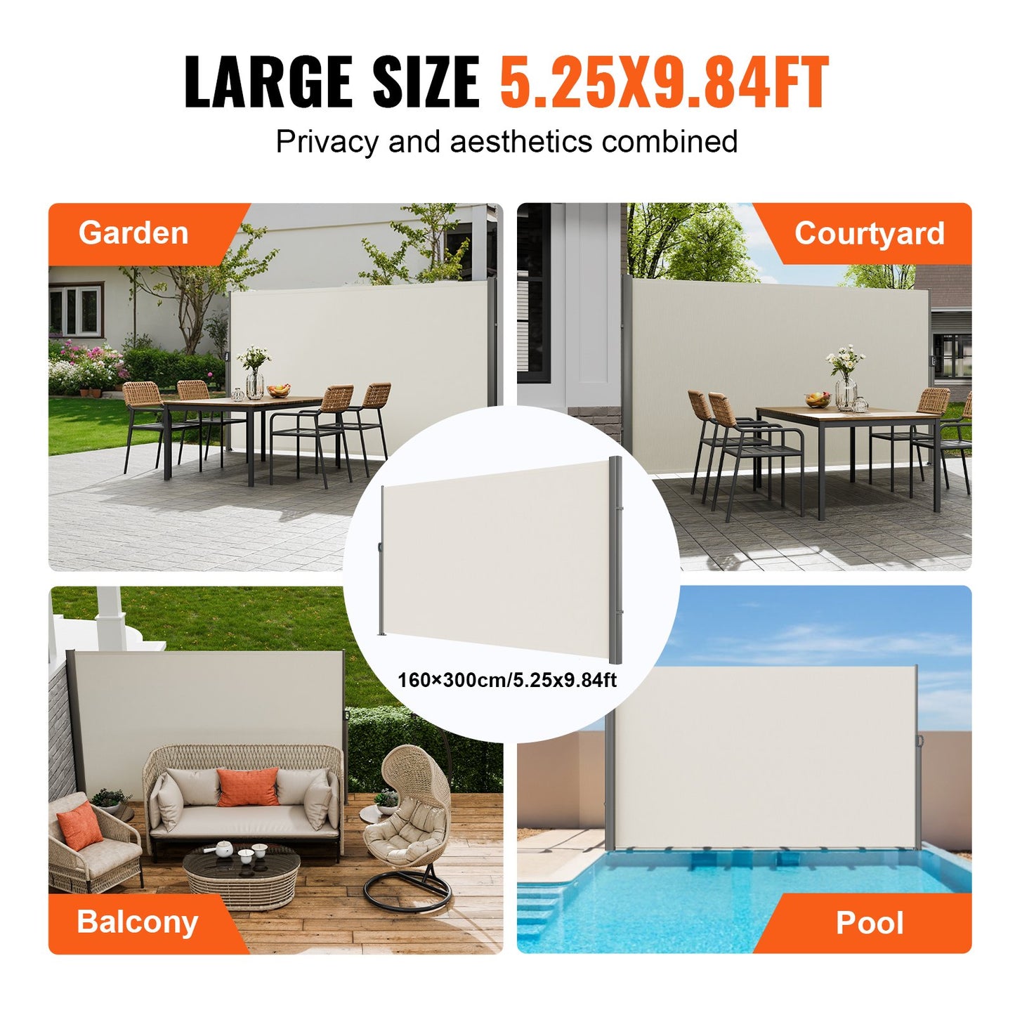 Retractable Side Awning,160X300cm Aluminum Outdoor Privacy Screen, 280g Polyester Water-proof Retractable V952-ZYPF160X300CMM001V0