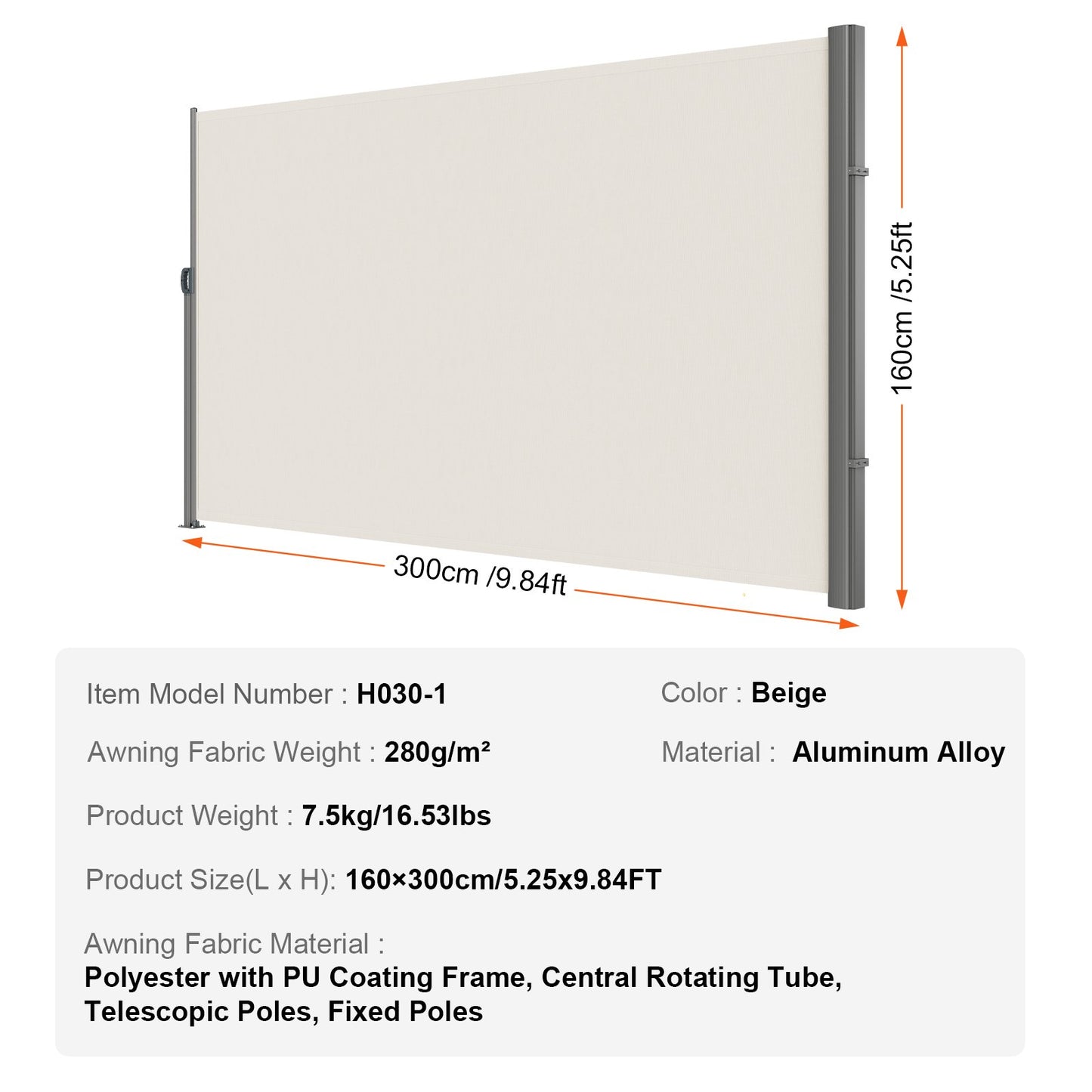 Retractable Side Awning,160X300cm Aluminum Outdoor Privacy Screen, 280g Polyester Water-proof Retractable V952-ZYPF160X300CMM001V0