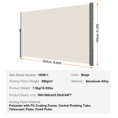 Retractable Side Awning,160X300cm Aluminum Outdoor Privacy Screen, 280g Polyester Water-proof Retractable V952-ZYPF160X300CMM001V0