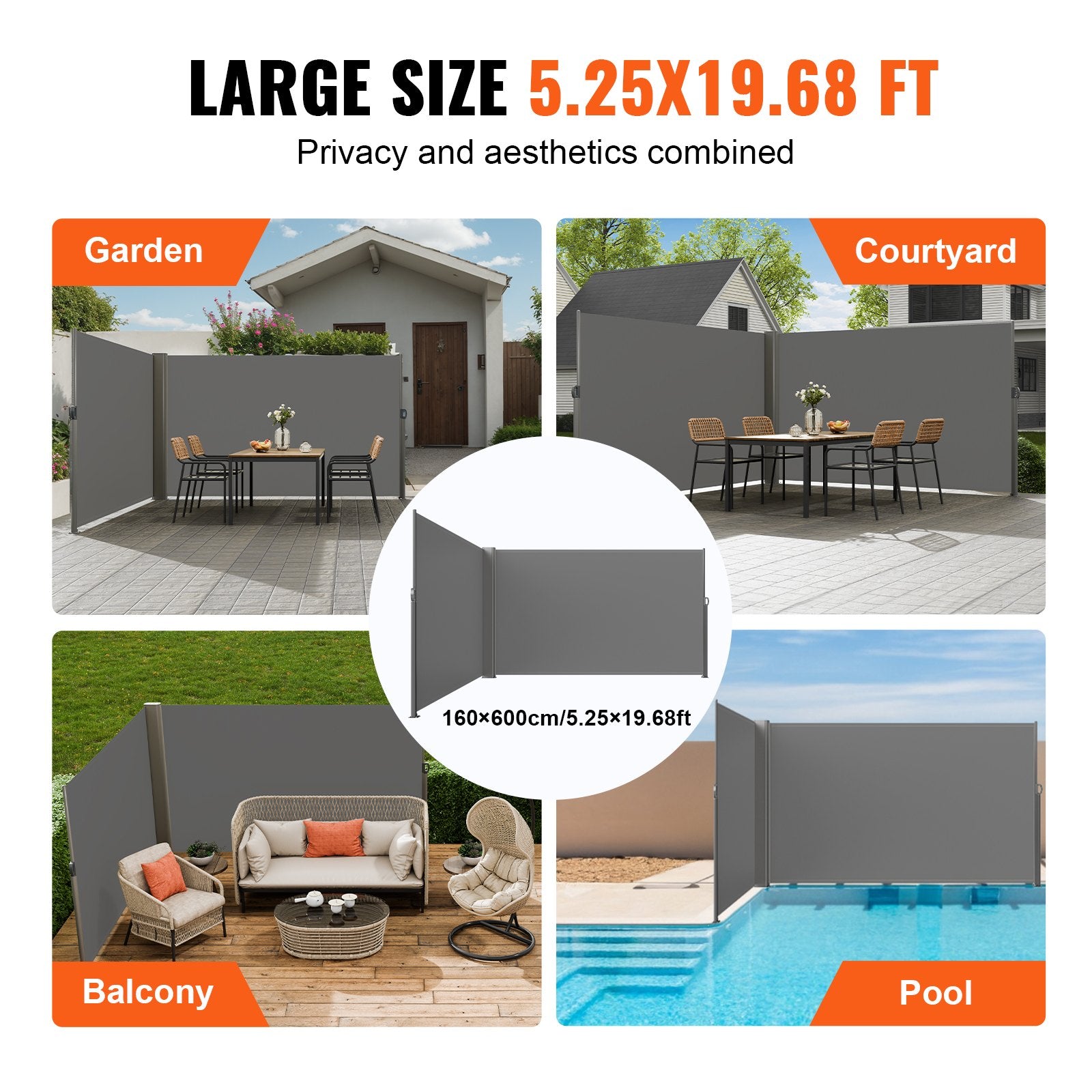 Retractable Side Awning, 160X600cm Aluminum Outdoor Privacy Screen, 280g Polyester Water-proof Retractable V952-ZYPF160X600CMGY01V0