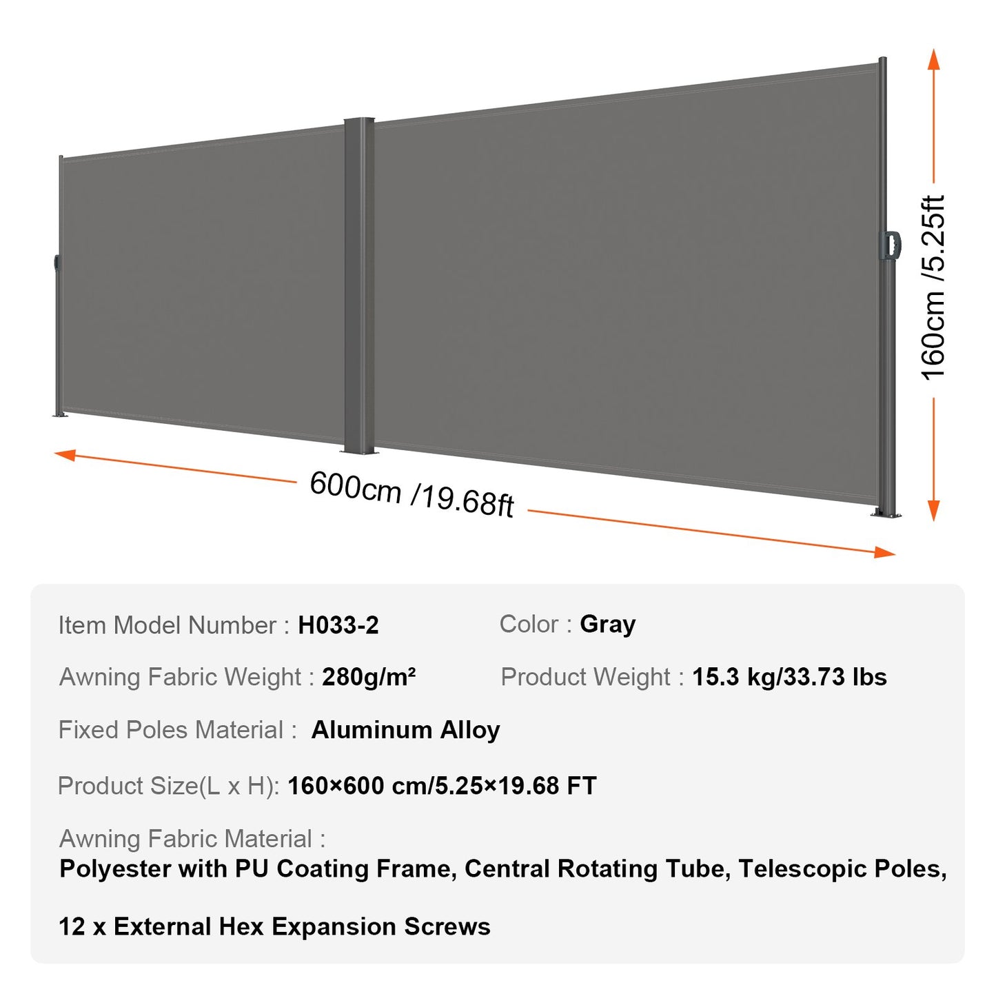 Retractable Side Awning, 160X600cm Aluminum Outdoor Privacy Screen, 280g Polyester Water-proof Retractable V952-ZYPF160X600CMGY01V0