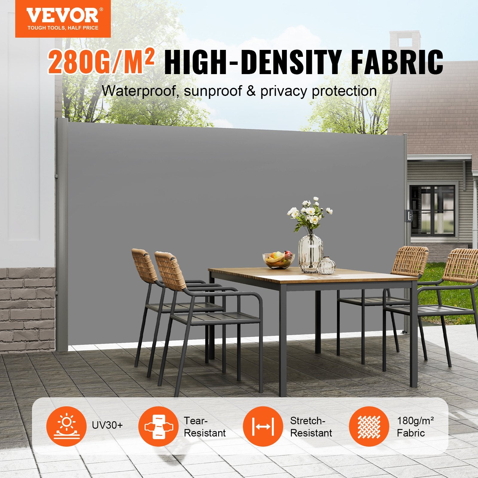 Retractable Side Awning, 180X300cm Aluminum Outdoor Privacy Screen, 280g Polyester Water-proof Retractable V952-ZYPF180X300CMGY01V0