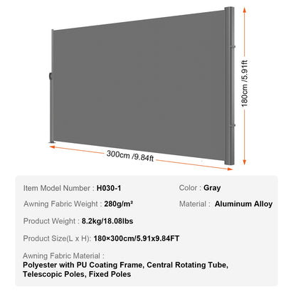 Retractable Side Awning, 180X300cm Aluminum Outdoor Privacy Screen, 280g Polyester Water-proof Retractable V952-ZYPF180X300CMGY01V0