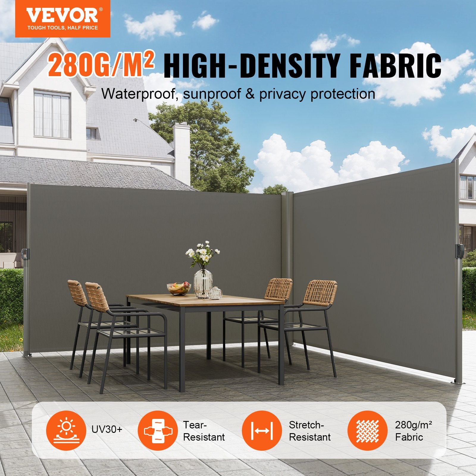 Retractable Side Awning, 180X600cm Aluminum Outdoor Privacy Screen, 280g Polyester Water-proof Retractable V952-ZYPF180X600CMGY01V0