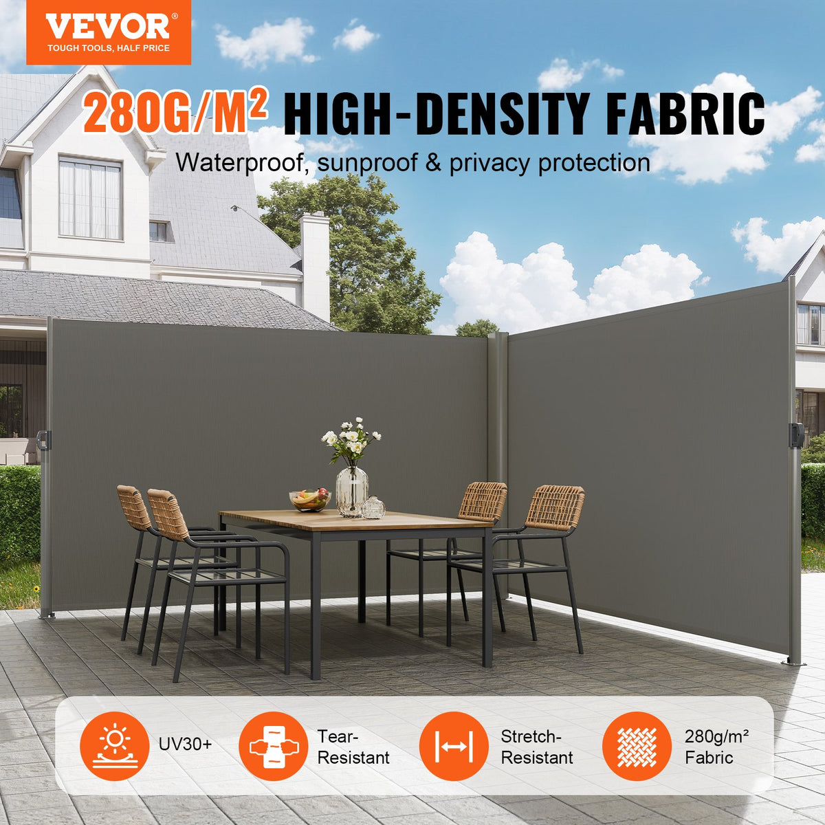 Retractable Side Awning, 180X600cm Aluminum Outdoor Privacy Screen, 280g Polyester Water-proof Retractable V952-ZYPF180X600CMGY01V0