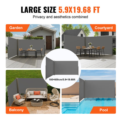 Retractable Side Awning, 180X600cm Aluminum Outdoor Privacy Screen, 280g Polyester Water-proof Retractable V952-ZYPF180X600CMGY01V0