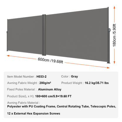 Retractable Side Awning, 180X600cm Aluminum Outdoor Privacy Screen, 280g Polyester Water-proof Retractable V952-ZYPF180X600CMGY01V0