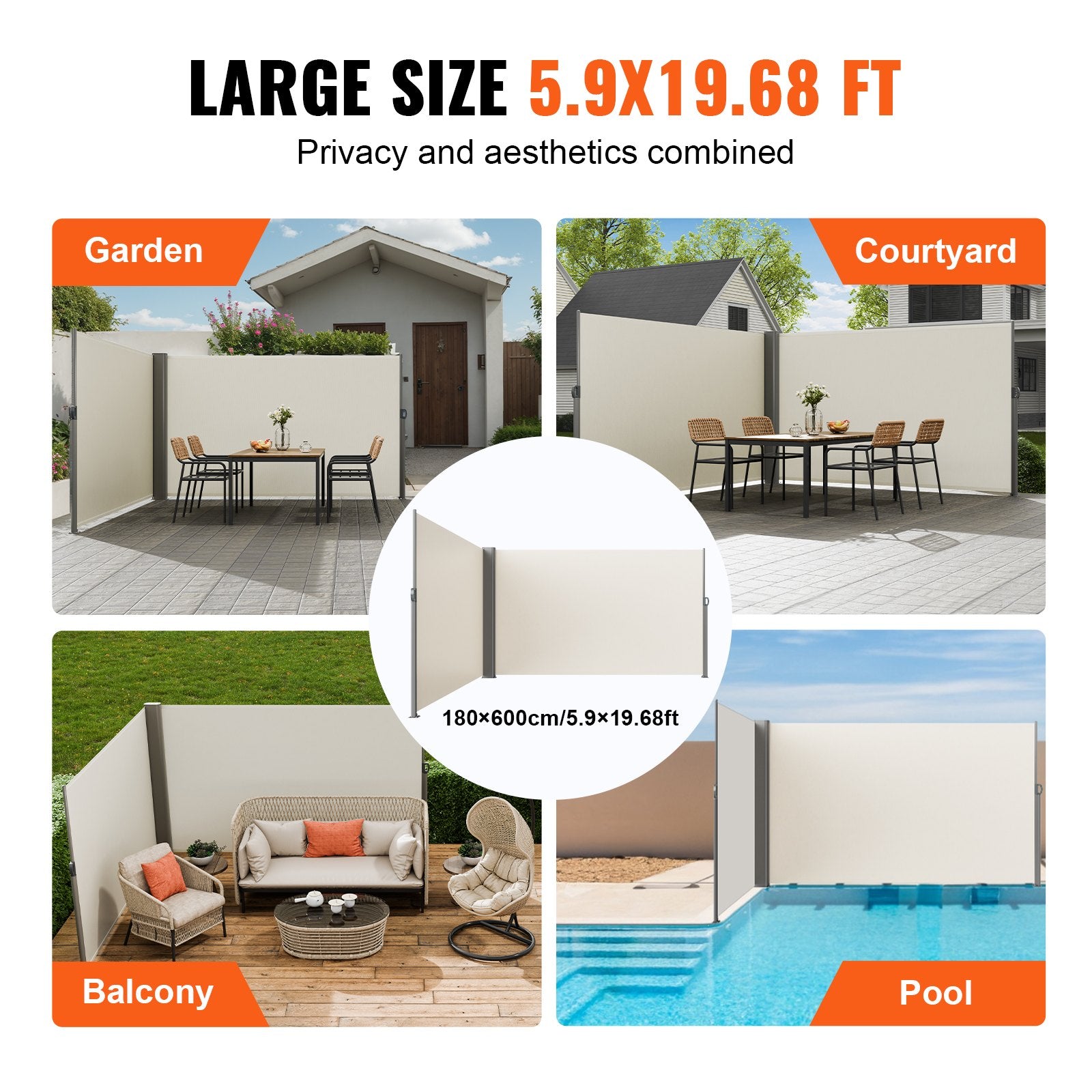 Retractable Side Awning, 180X600cm Aluminum Outdoor Privacy Screen, 280g Polyester Water-proof Retractable V952-ZYPF180X600CMM001V0