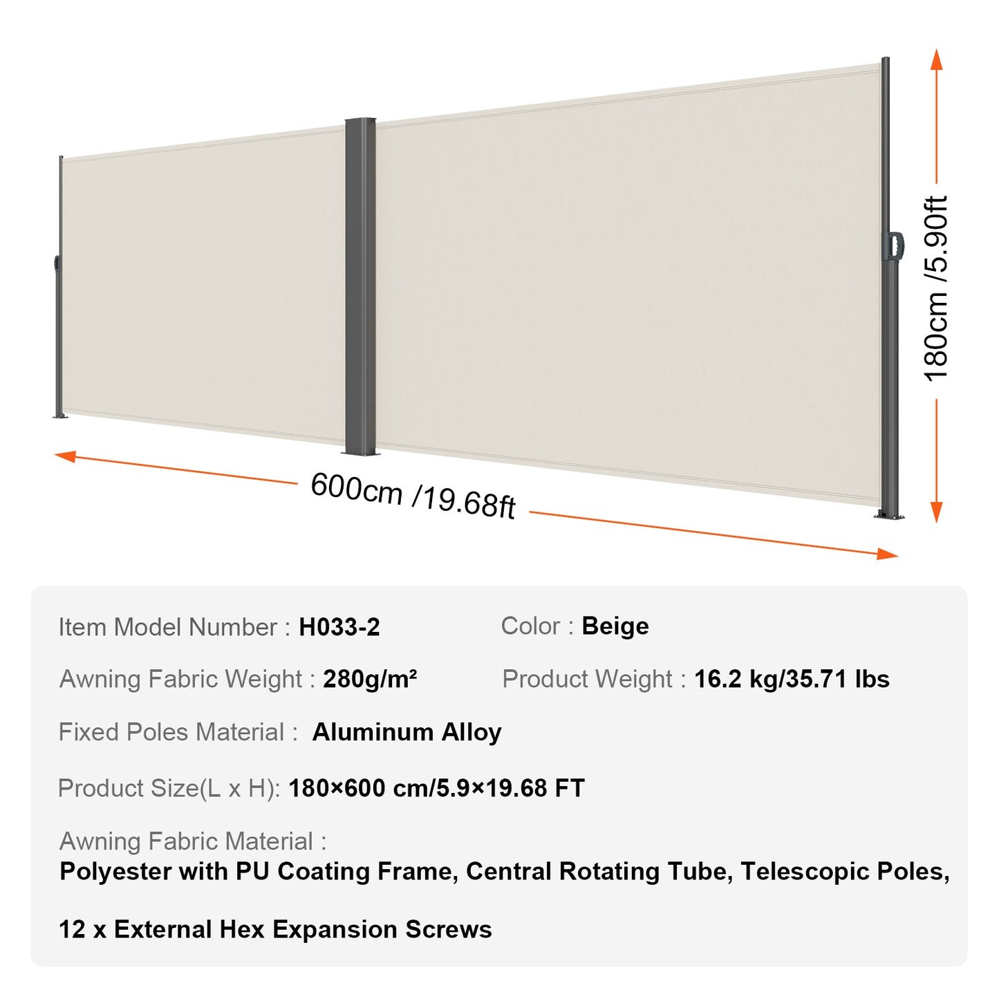 Retractable Side Awning, 180X600cm Aluminum Outdoor Privacy Screen, 280g Polyester Water-proof Retractable V952-ZYPF180X600CMM001V0
