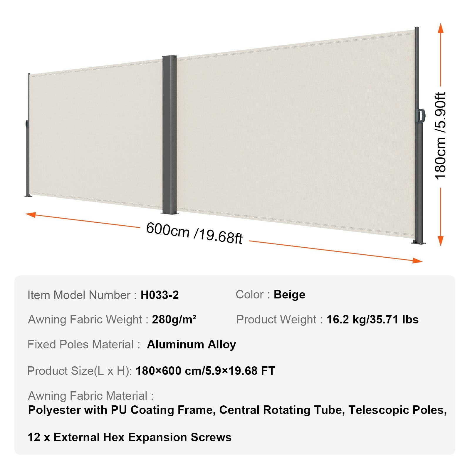 Retractable Side Awning, 180X600cm Aluminum Outdoor Privacy Screen, 280g Polyester Water-proof Retractable V952-ZYPF180X600CMM001V0