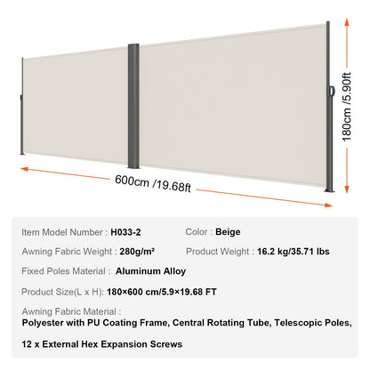 Retractable Side Awning, 180X600cm Aluminum Outdoor Privacy Screen, 280g Polyester Water-proof Retractable V952-ZYPF180X600CMM001V0