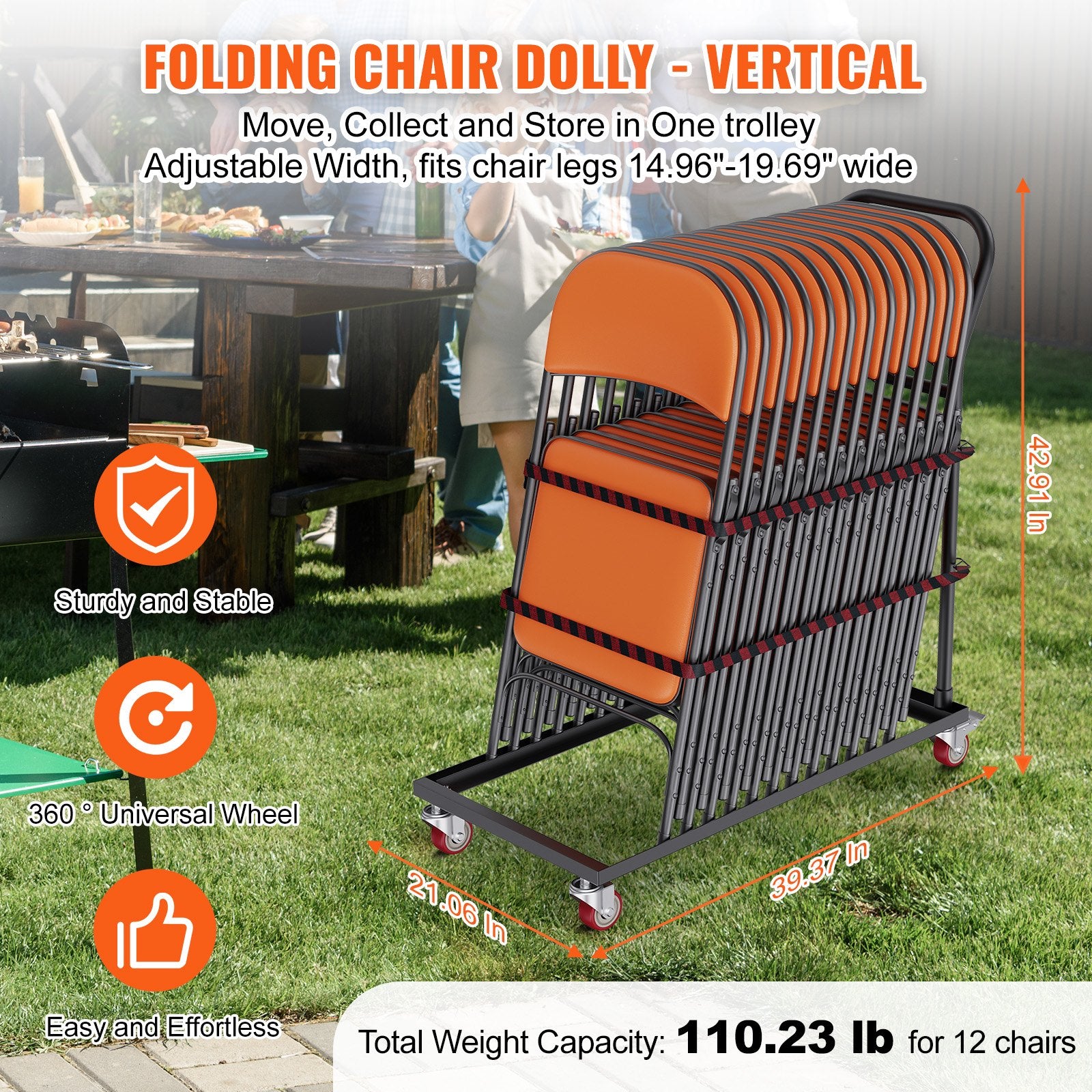 Folding Chair Dolly, Iron Commercial Cart with 12 Chairs Capacity, Folding Chairs Rack Trolley with 4 V952-ZYTC422136YCTP8YBV0