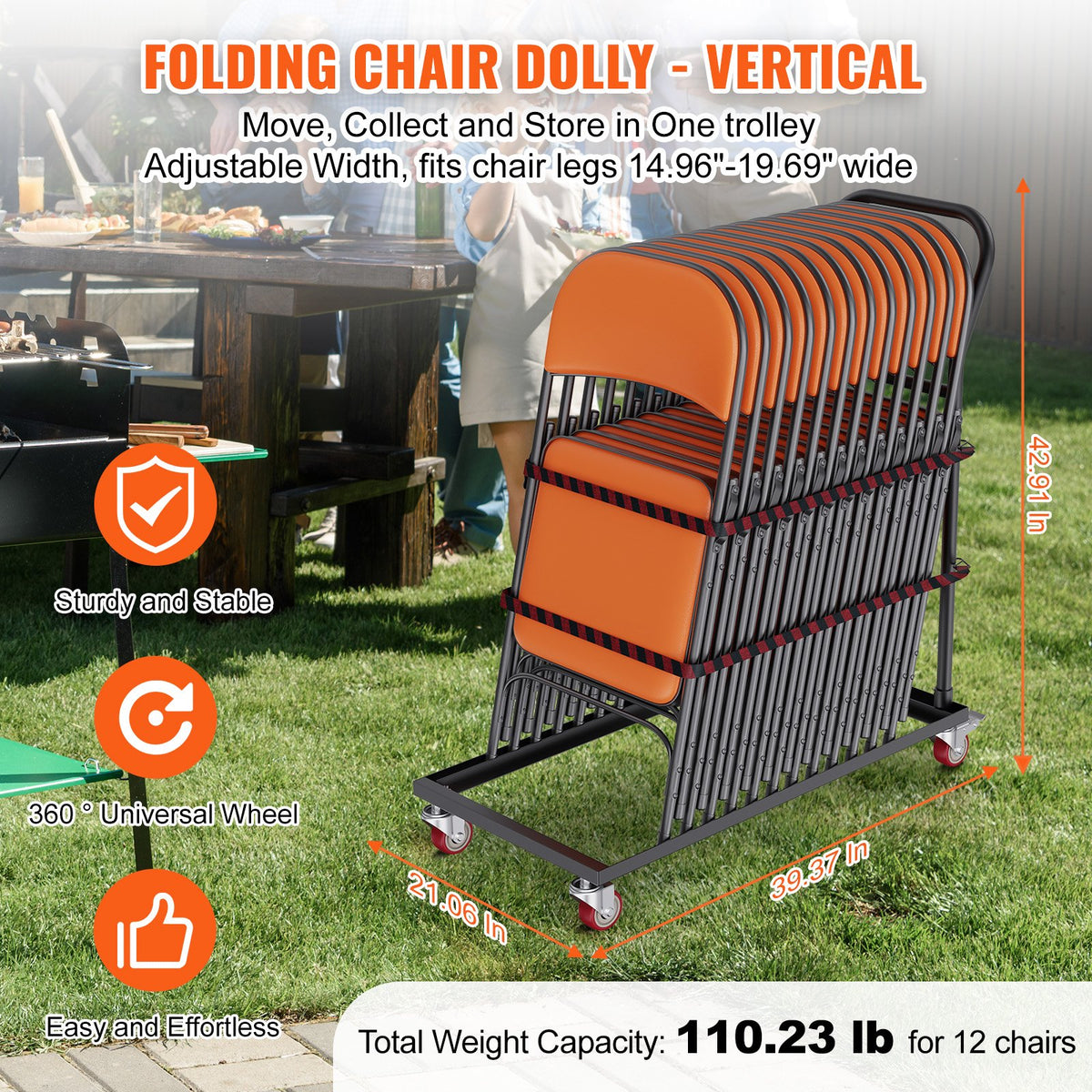 Folding Chair Dolly, Iron Commercial Cart with 12 Chairs Capacity, Folding Chairs Rack Trolley with 4 V952-ZYTC422136YCTP8YBV0