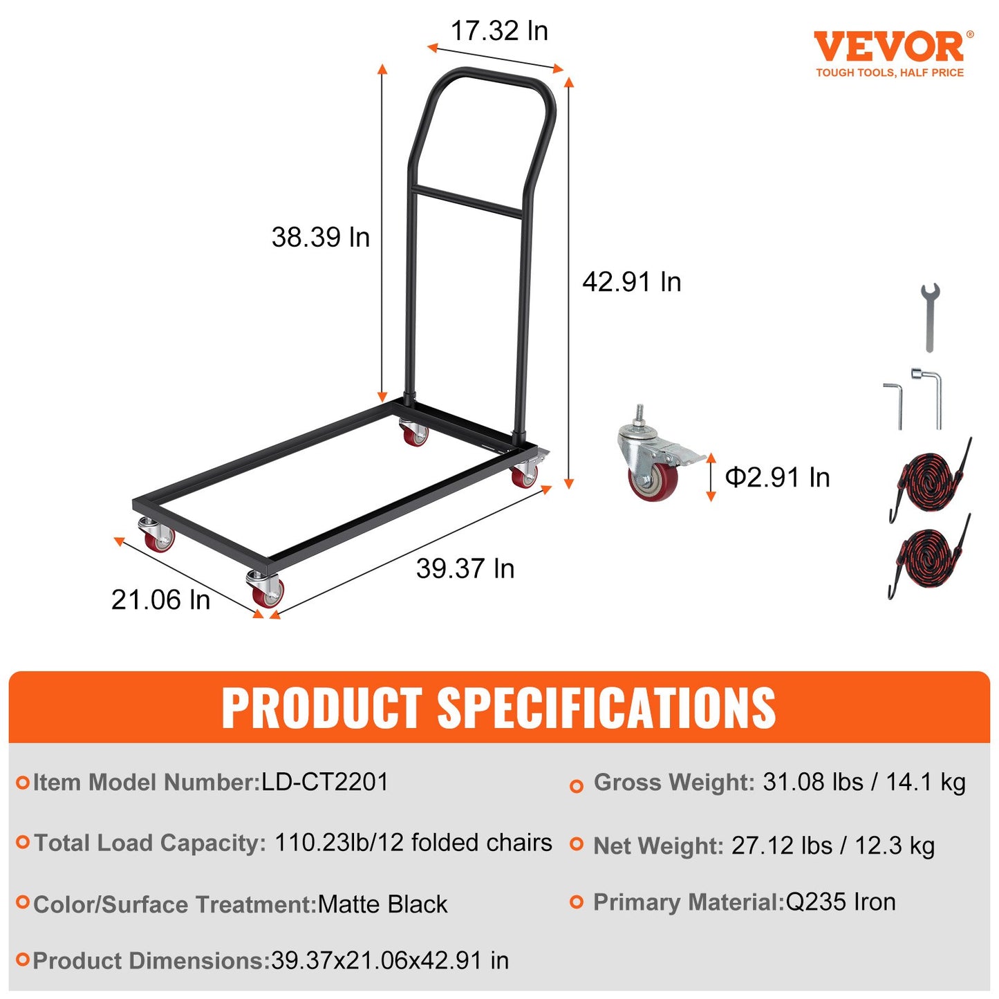 Folding Chair Dolly, Iron Commercial Cart with 12 Chairs Capacity, Folding Chairs Rack Trolley with 4 V952-ZYTC422136YCTP8YBV0