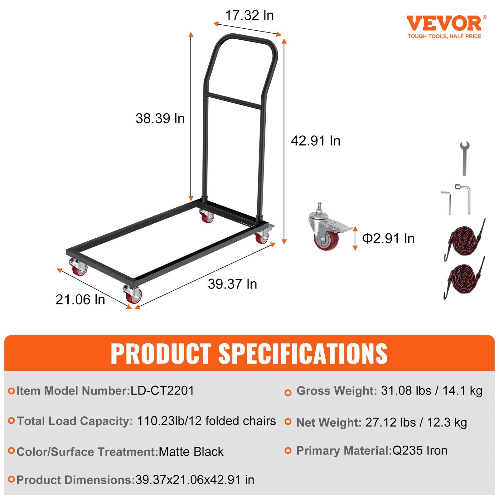 Folding Chair Dolly, Iron Commercial Cart with 12 Chairs Capacity, Folding Chairs Rack Trolley with 4 V952-ZYTC422136YCTP8YBV0