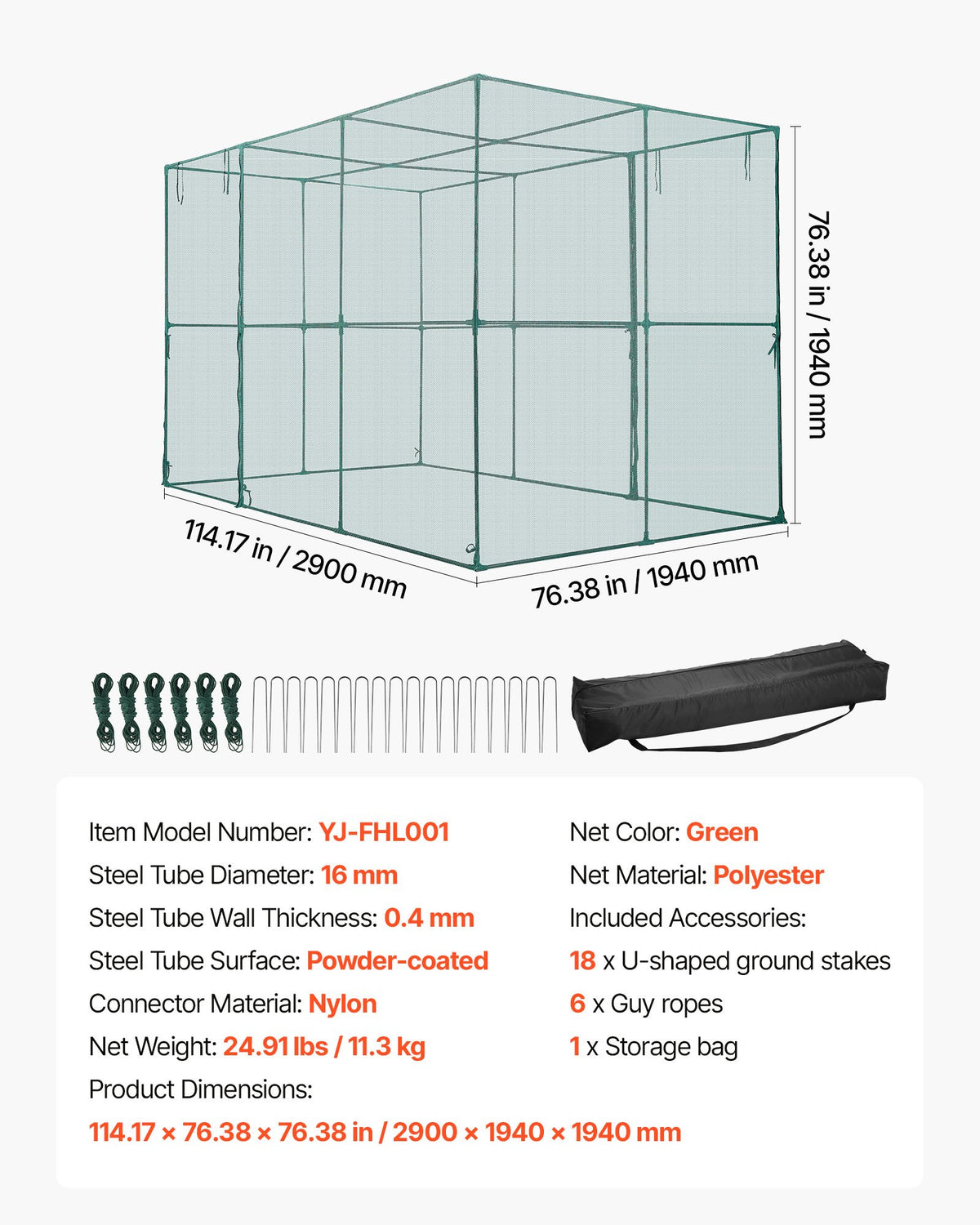 Crop Cage, 2.9 x 1.94 x 1.94 m Plant Protection Tent with Zippered Door, Wind-Resistant Tall Crop Cage, Easy V952-ZZBHZ1PCS120Z3706001V0