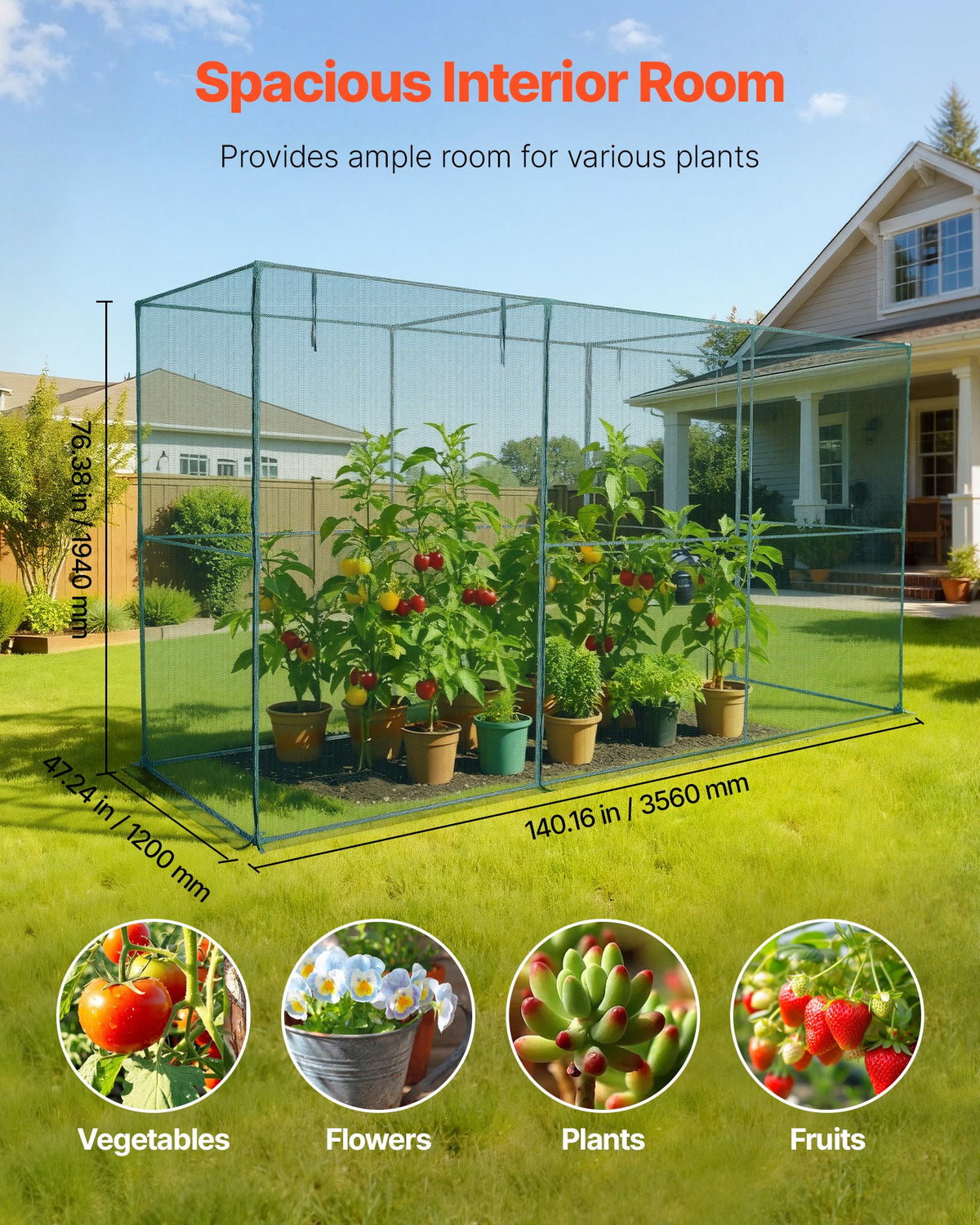 Crop Cage, 3.56 x 1.2 x 1.94 m Plant Protection Tent with Zippered Door, Wind-Resistant Tall Crop Cage, Easy V952-ZZBHZ1PCS144OHU8N001V0