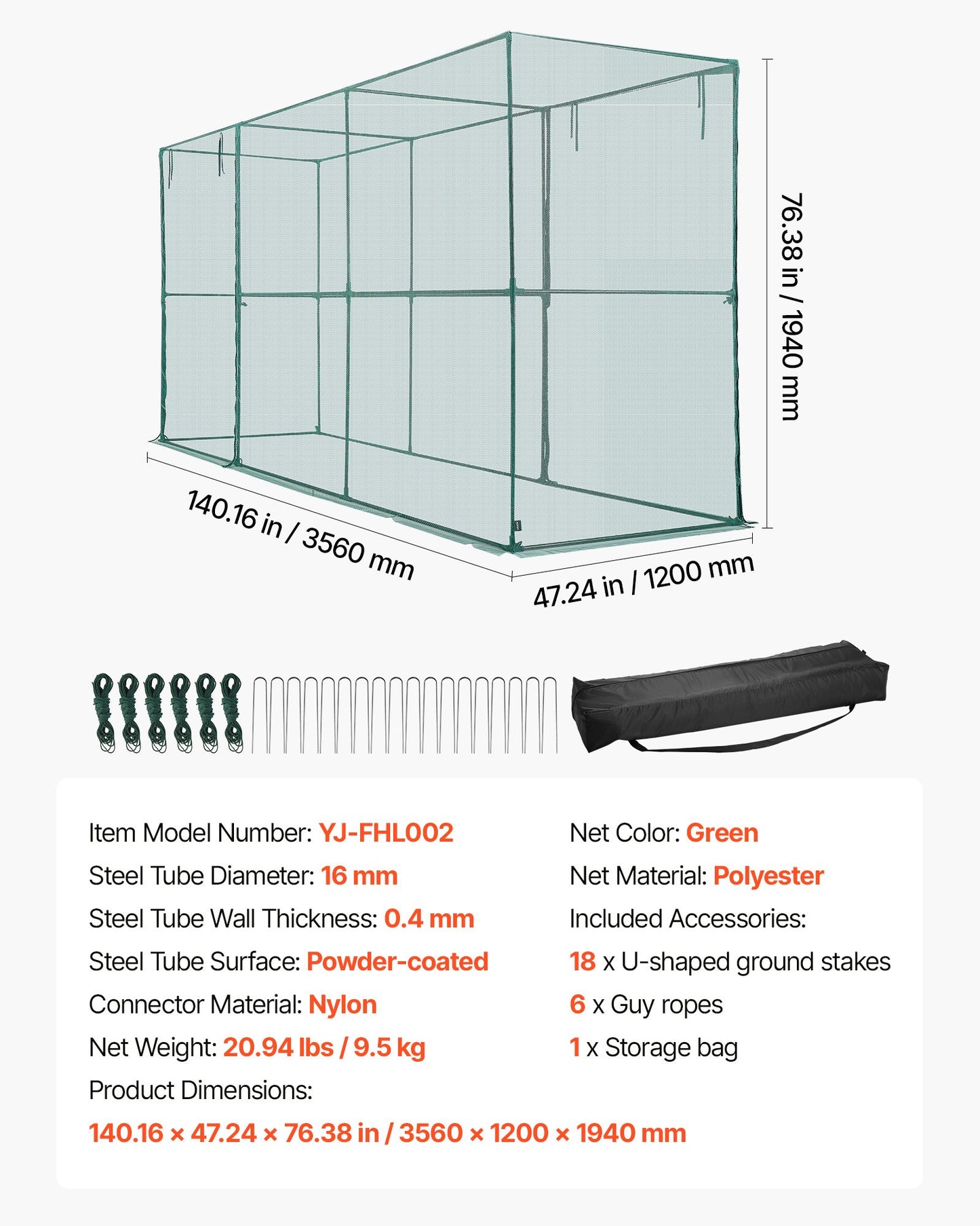 Crop Cage, 3.56 x 1.2 x 1.94 m Plant Protection Tent with Zippered Door, Wind-Resistant Tall Crop Cage, Easy V952-ZZBHZ1PCS144OHU8N001V0
