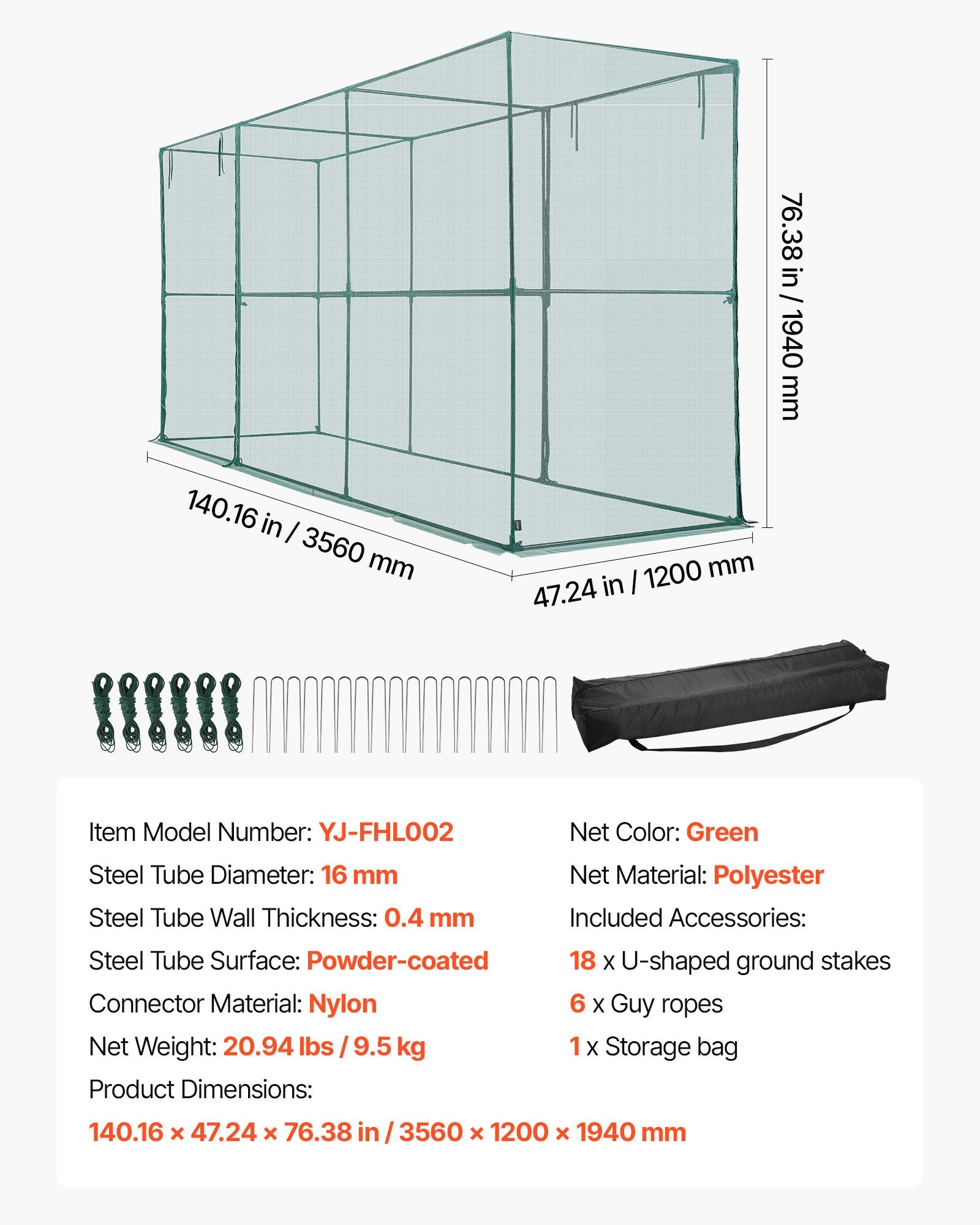 Crop Cage, 3.56 x 1.2 x 1.94 m Plant Protection Tent with Zippered Door, Wind-Resistant Tall Crop Cage, Easy V952-ZZBHZ1PCS144OHU8N001V0