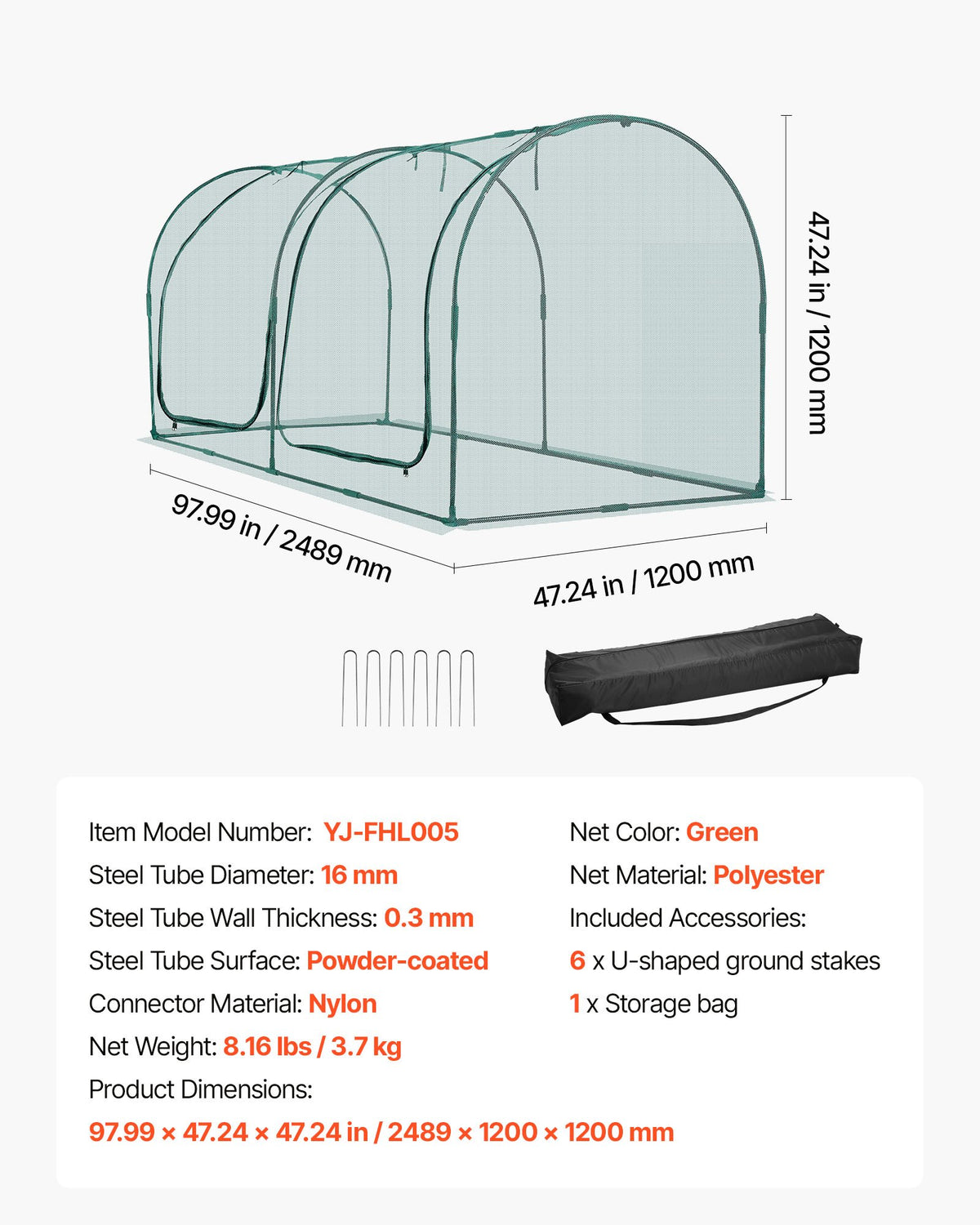 Crop Cage, 2.48 x 1.2 x 1.2 m Plant Protection Tent with Zippered Door, Wind-Resistant Tall Crop Cage, Easy V952-ZZBHZ1PCS984ZQZ2F001V0