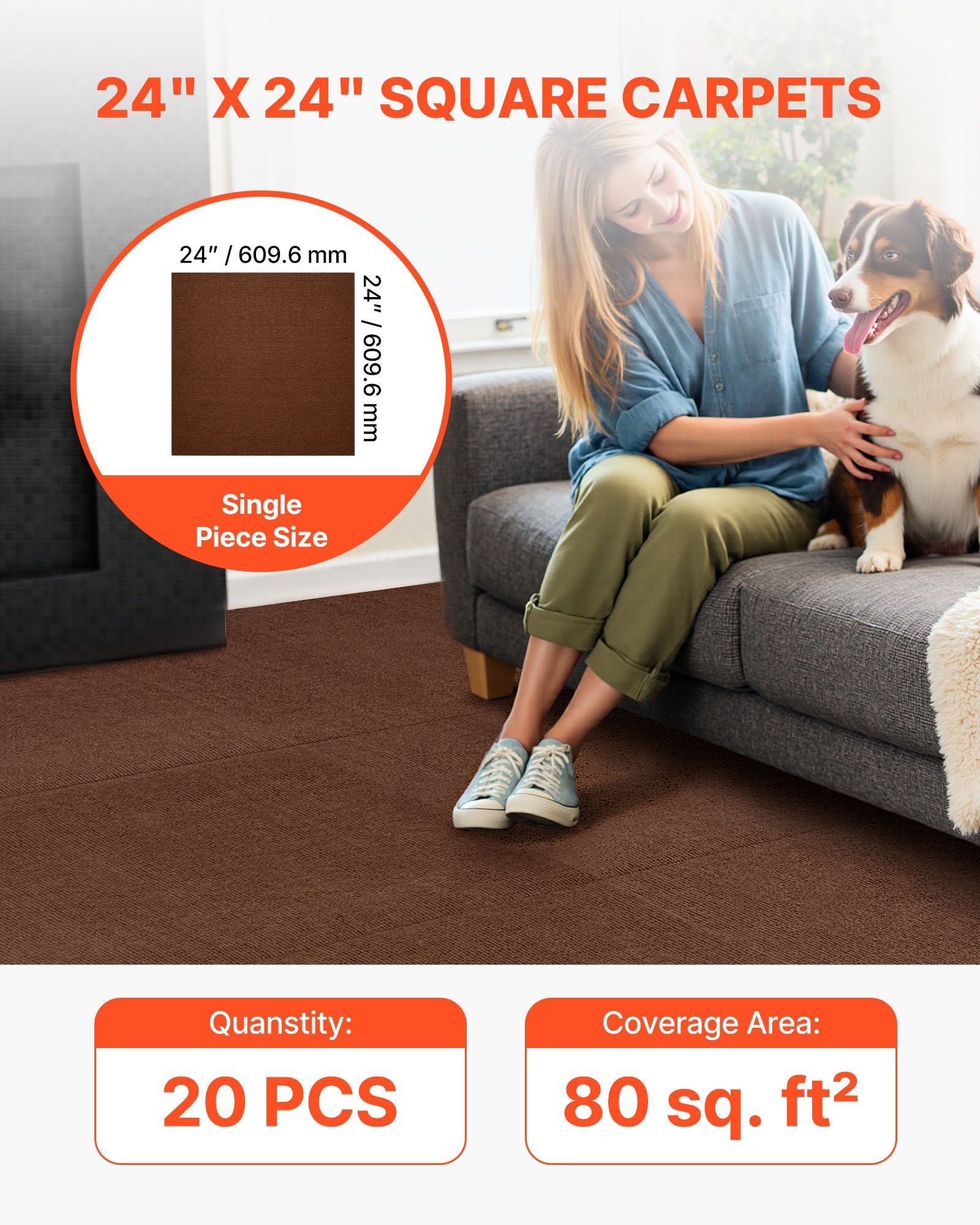 Carpet Tiles 610x610 mm, 20 PCS Peel and Stick Carpet Square Rug, Self Adhesive Commercial Floor Soft Padded V952-ZZFKDT2424INC2GRB001V0