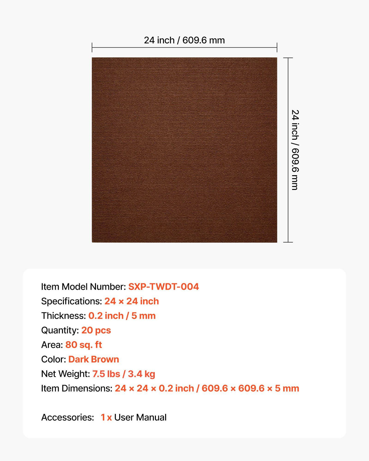 Carpet Tiles 610x610 mm, 20 PCS Peel and Stick Carpet Square Rug, Self Adhesive Commercial Floor Soft Padded V952-ZZFKDT2424INC2GRB001V0
