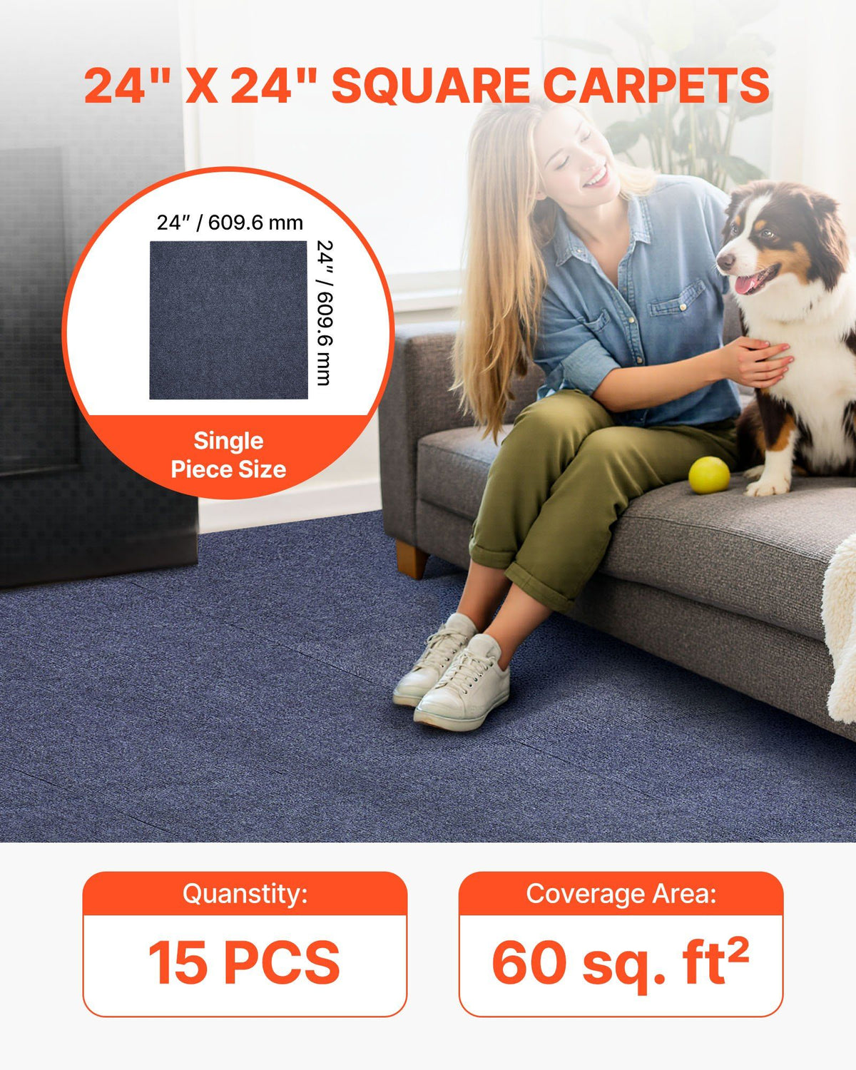 Carpet Tiles 610x610 mm, 15 Pack Peel and Stick Carpet Square Rug, Self Adhesive Commercial Floor Soft Padded V952-ZZFKDT2424INX4DTI001V0